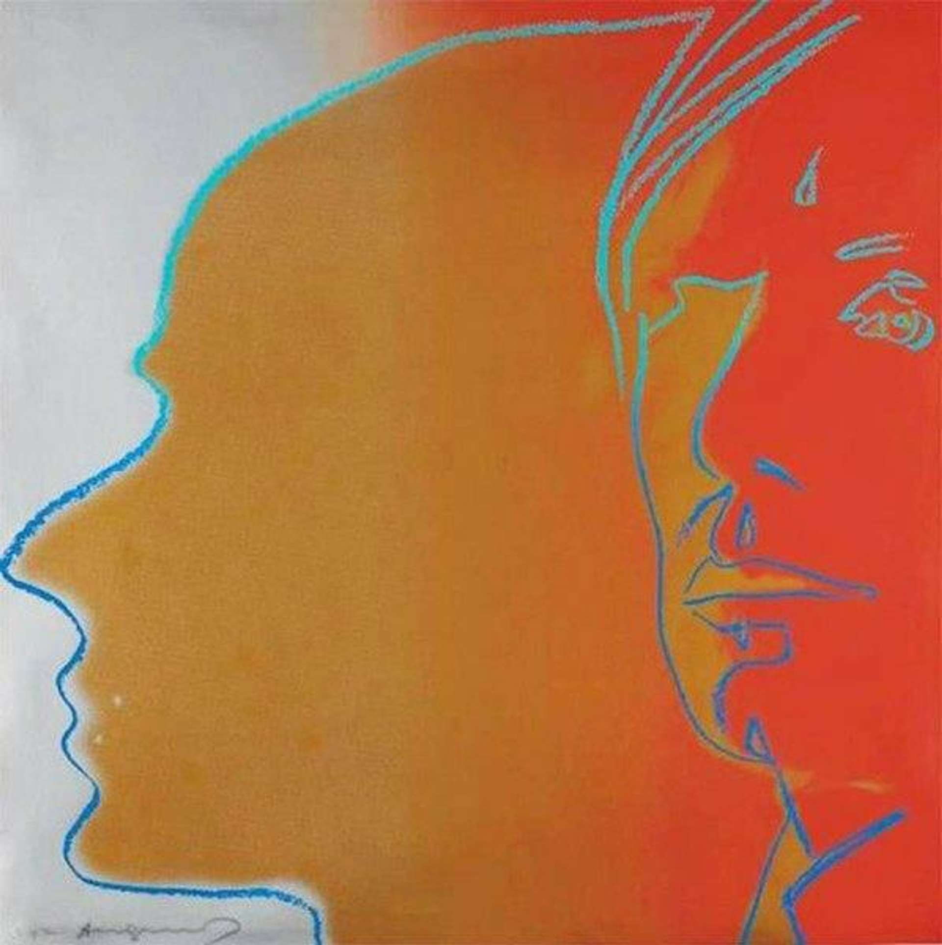In this print, Warhol renders his portrait in a looser style, delineating the outline of his face with crayon-like blue gestural lines set against a warm red and orange backdrop. Behind Warhol’s portrait is the shadow of another figure’s profile which is staring to the left of the composition.