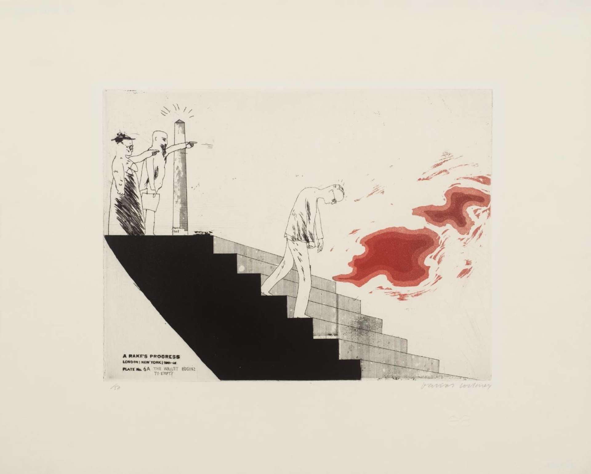 Here we see the figure of the artist being cast out or turned away by a man and a woman standing at the top of a large staircase, a shining obelisk by their side. Hockney’s slumped figure is about halfway down the stairs and looks as if it might be about to topple over. 