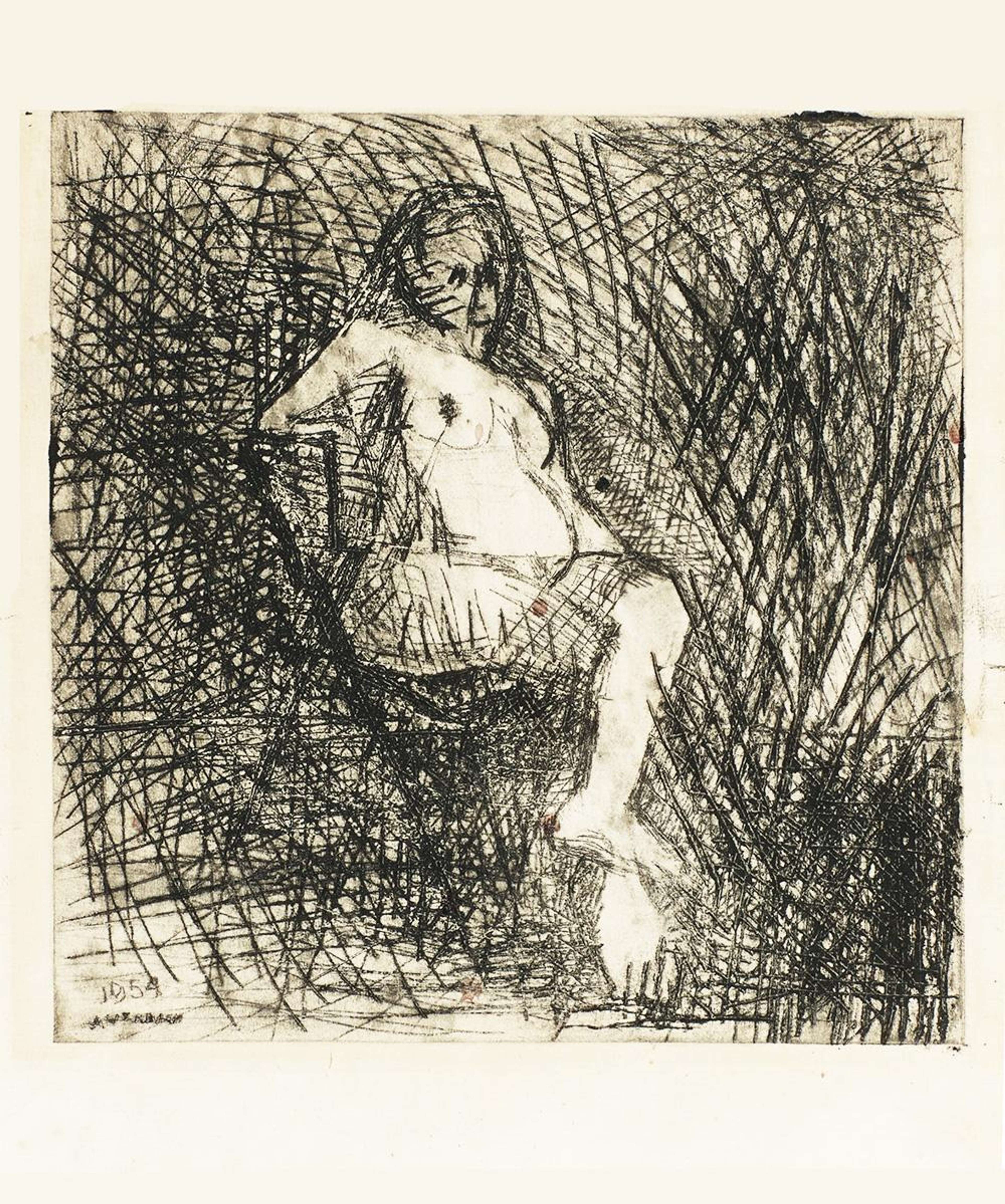 Nude Seated On A Folding Chair - Signed Print by Frank Auerbach 1954 - MyArtBroker