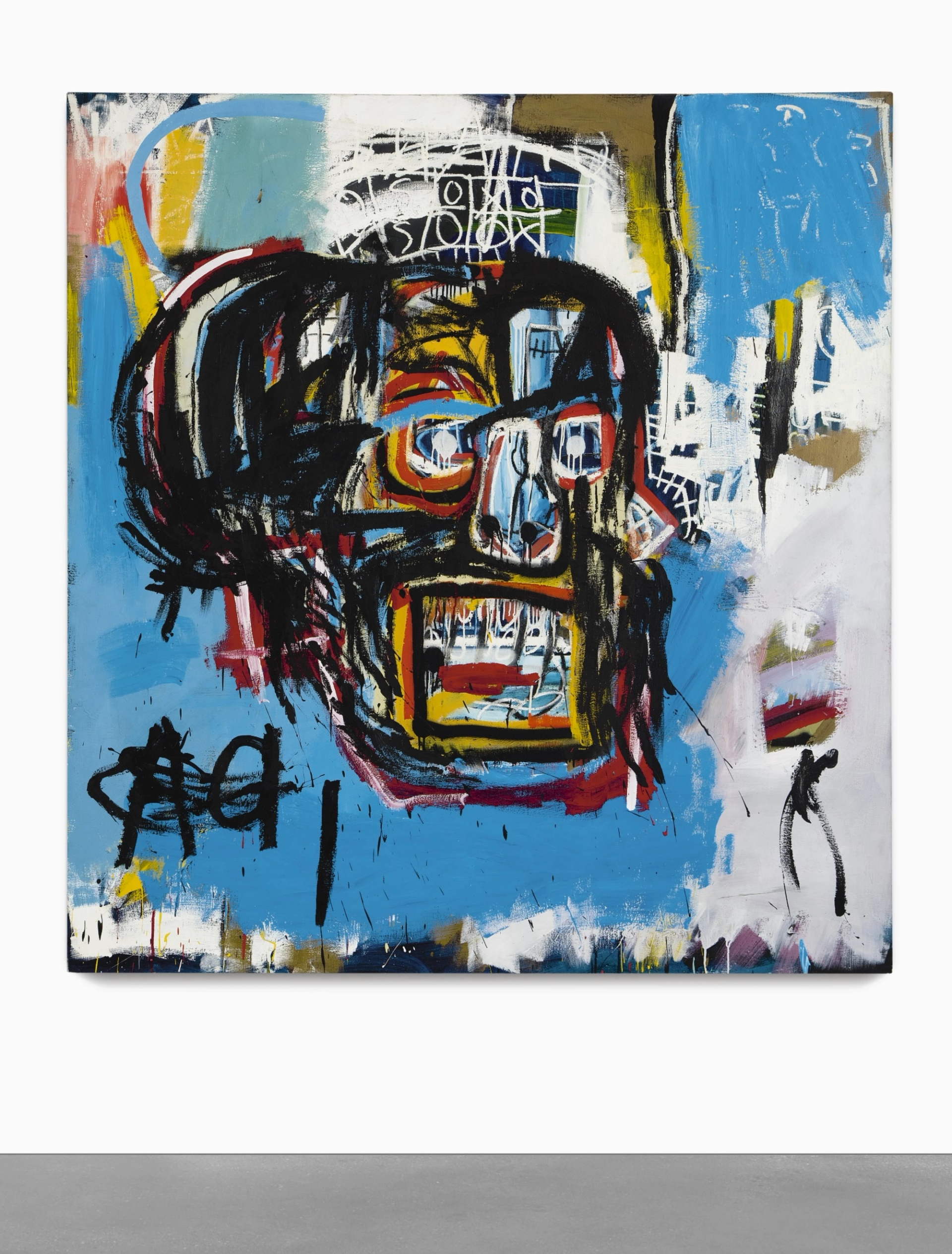 This artwork by Basquiat shows a large head, done in black lines, against a blue background.