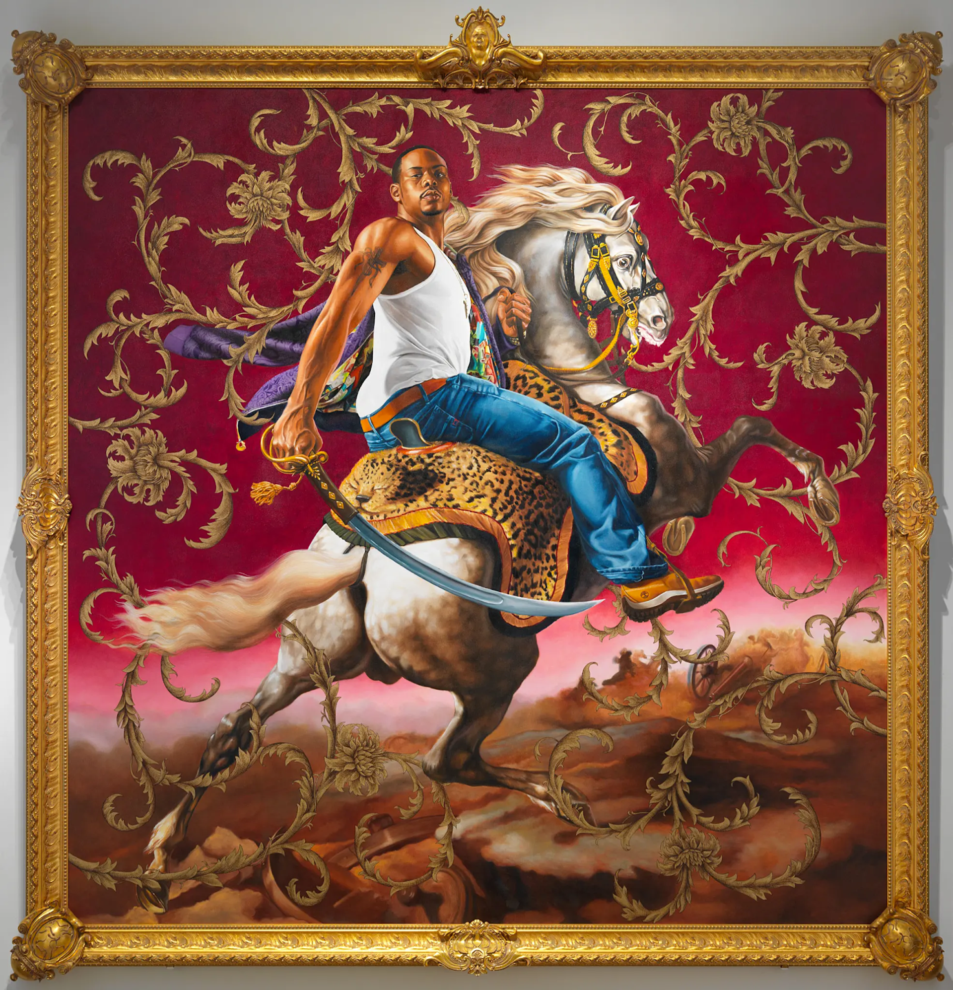 Kehinde Wiley’s The Officer Of Hussars. A figurative painting of a man riding a horse against a red elaborate background.