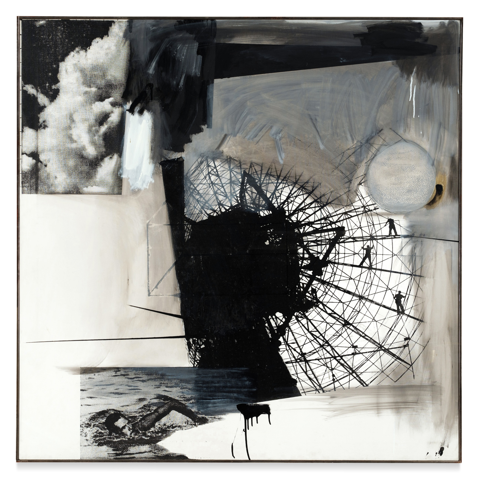 A variety of images are juxtaposed by Rauschenberg in this image, including clouds, the back view of a glass structure and a swimmer. The colour palete is monochrome.