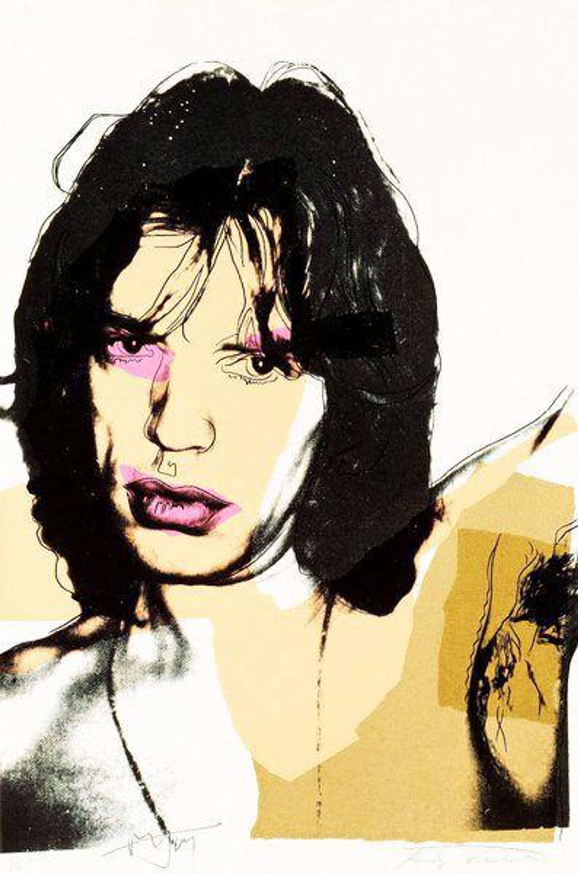 Andy Warhol’s Mick Jagger (F. & S. II.141). A Pop Art screen print of a black and white image of Mick Jagger with the colour pink on his lips and parts of his eyes. The rest of his body has shades of yellow covering him. 