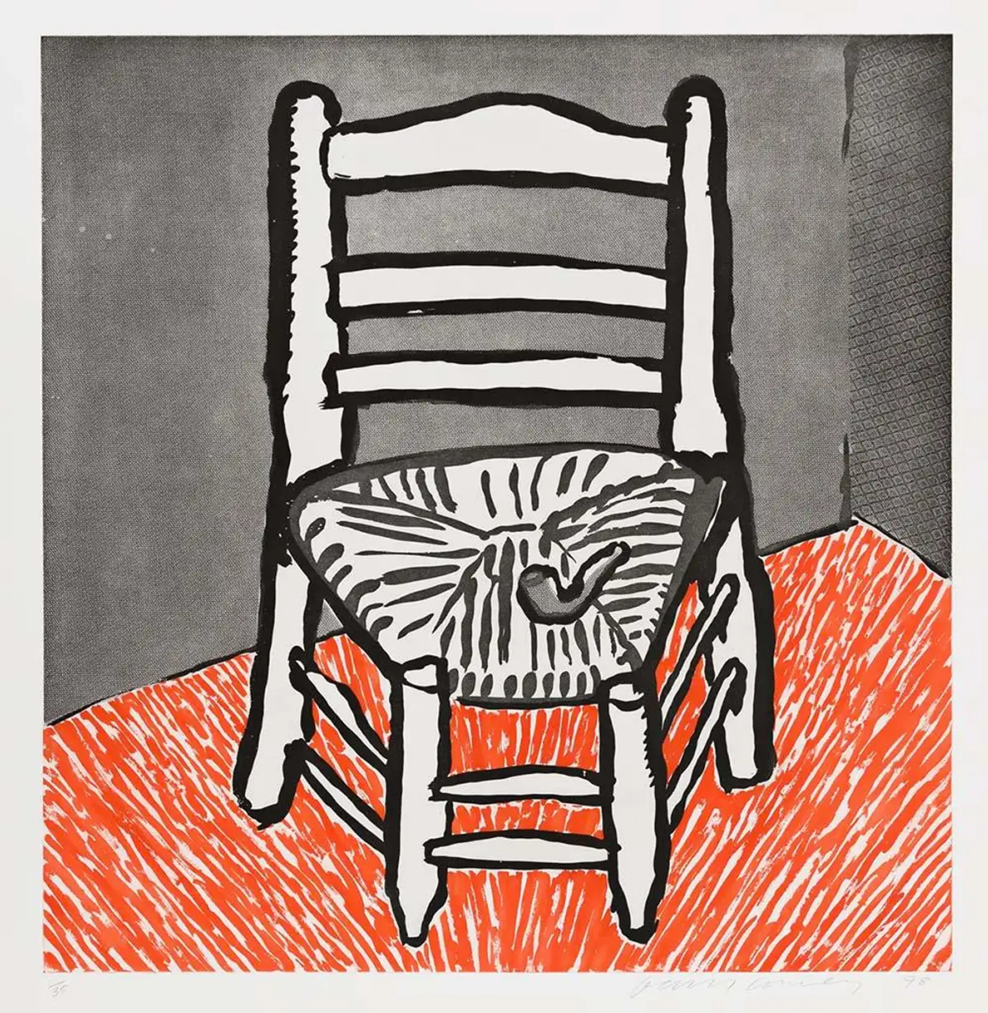 Hockney takes the famous painting of a chair by van Gogh as his starting point for an etching. van Gogh’s work is notable for its realism and soft palette, however in Hockney’s version the chair is given an almost cartoon or Pop Art treatment, its wooden frame outlined in thick black lines which contrast with the light wash of ink behind it. Hockney has taken the original chair and positioned it in a tight corner of a room that is bare except for its bright red patterned carpet. It remains recognisable as van Gogh’s chair however, thanks to the pipe that rests on the wicker seat, an obvious homage to the Dutch artist.