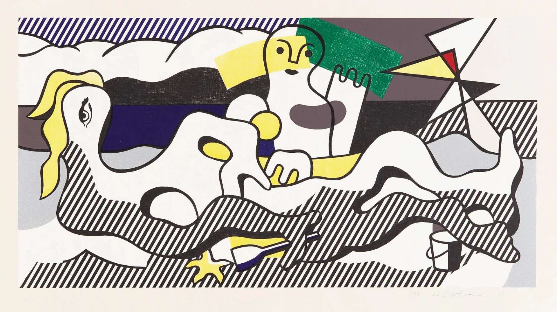 Roy Lichtenstein’s At The Beach. A Pop Art, Surrealist lithograph of two figures sitting and reclining on sand at the beach. 