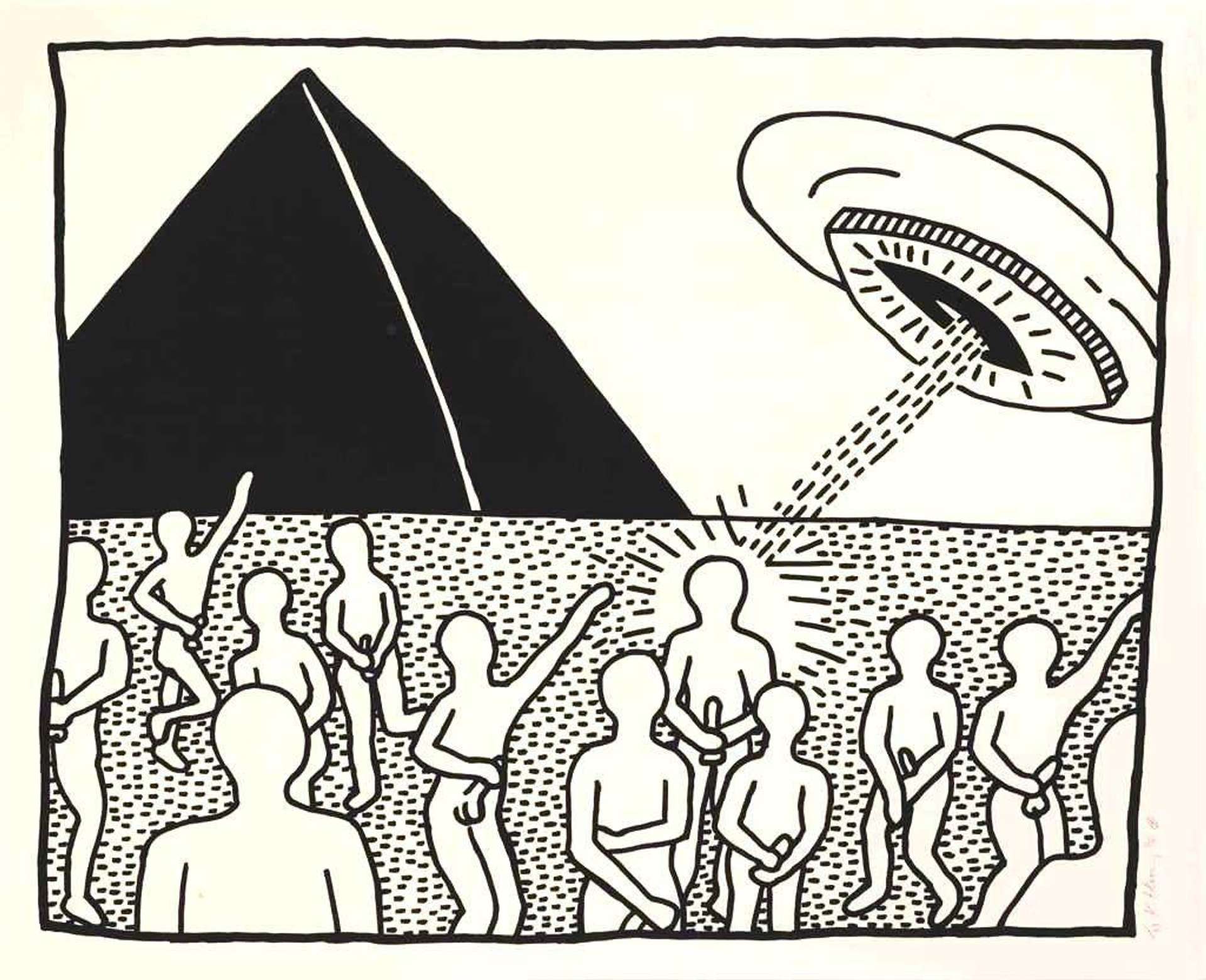 Keith Haring’s The Blueprint Drawings 8. A Pop Art screenprint of a black and white comic strip of a group of figures in front of a pyramid with one being abducted by a UFO.