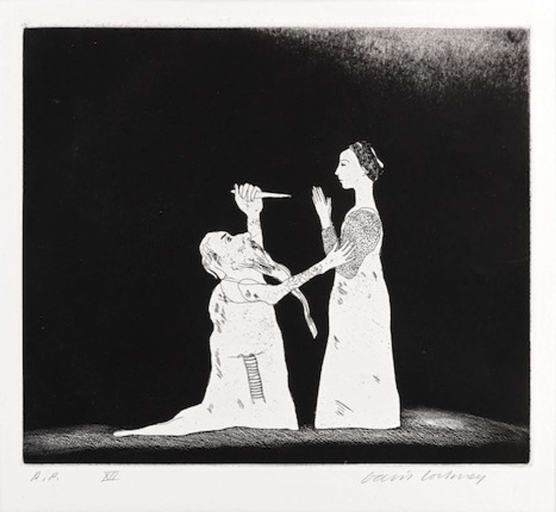 A monochromatic etching by David Hockney depicting a man on his knees holding up a knife to a woman in a dress to the right of the composition.