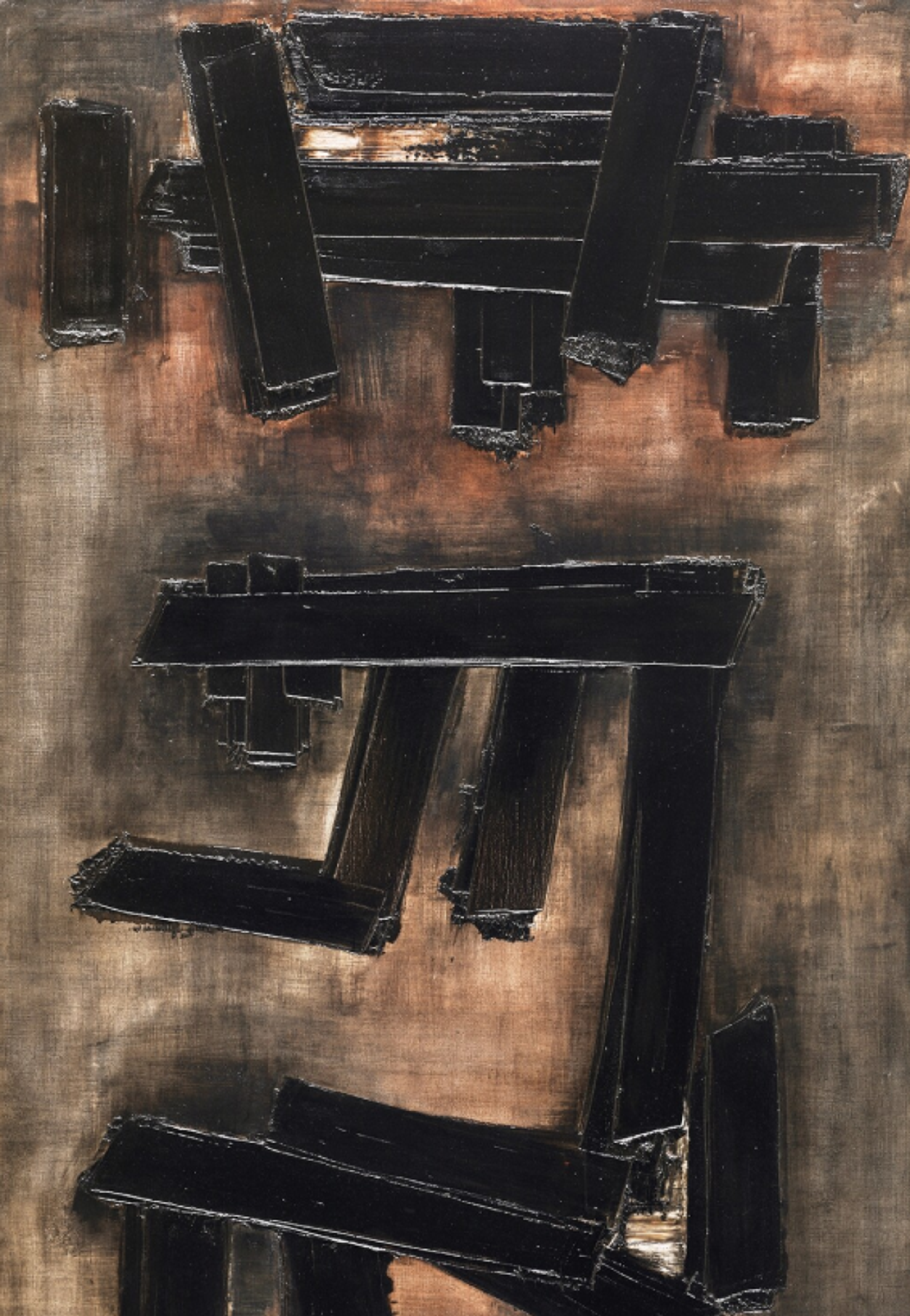 An abstract painting with geometric black brushstrokes arranged almost as linguistic characters against a mottled brown and gold background.