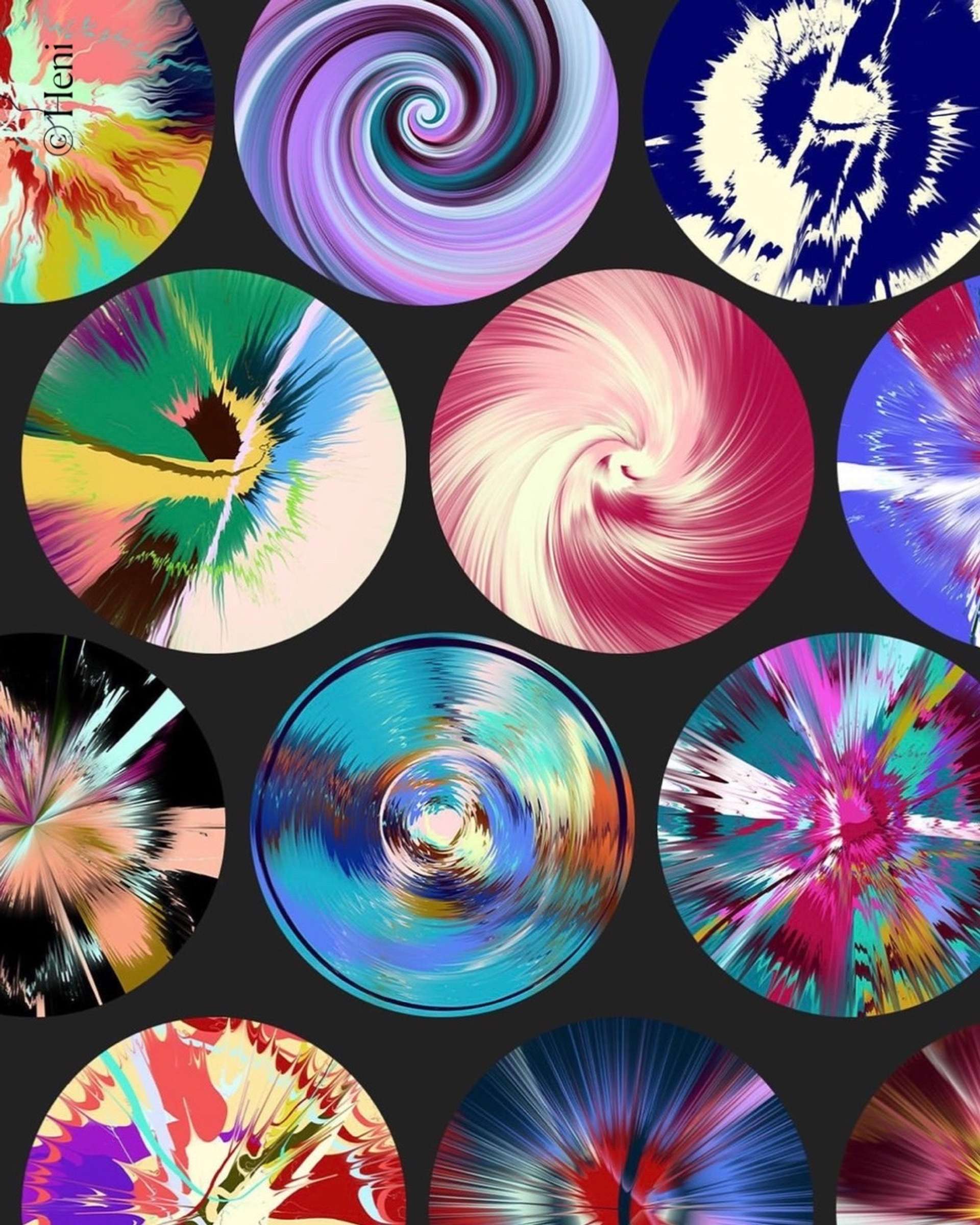 An image with a black background depicting numerous iterations of Damien Hirst's Beautiful Paintings, circular works with different colourful patterns.