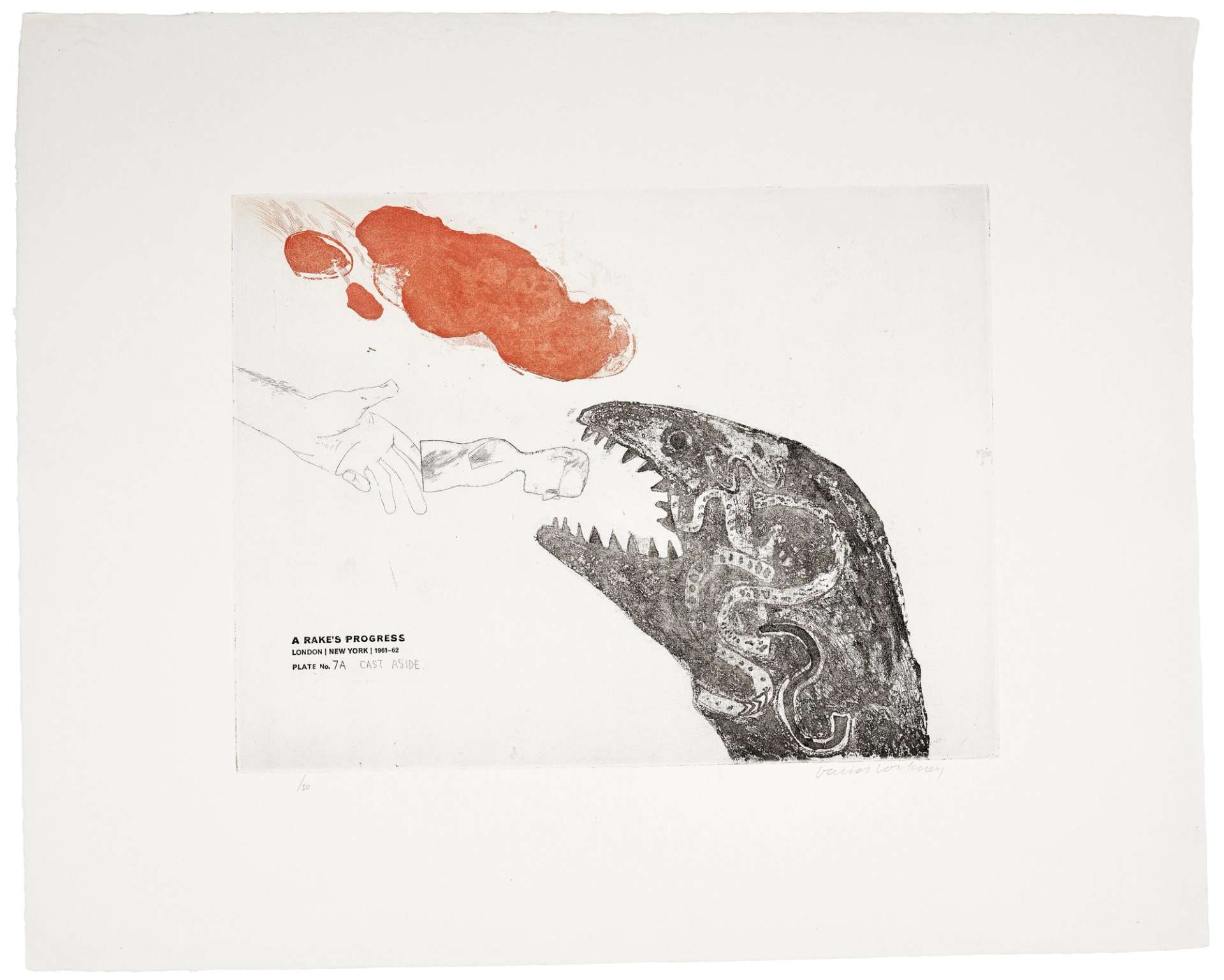 This print by David Hockney shows the artist being thrust into the jaws of a giant menacing serpent.