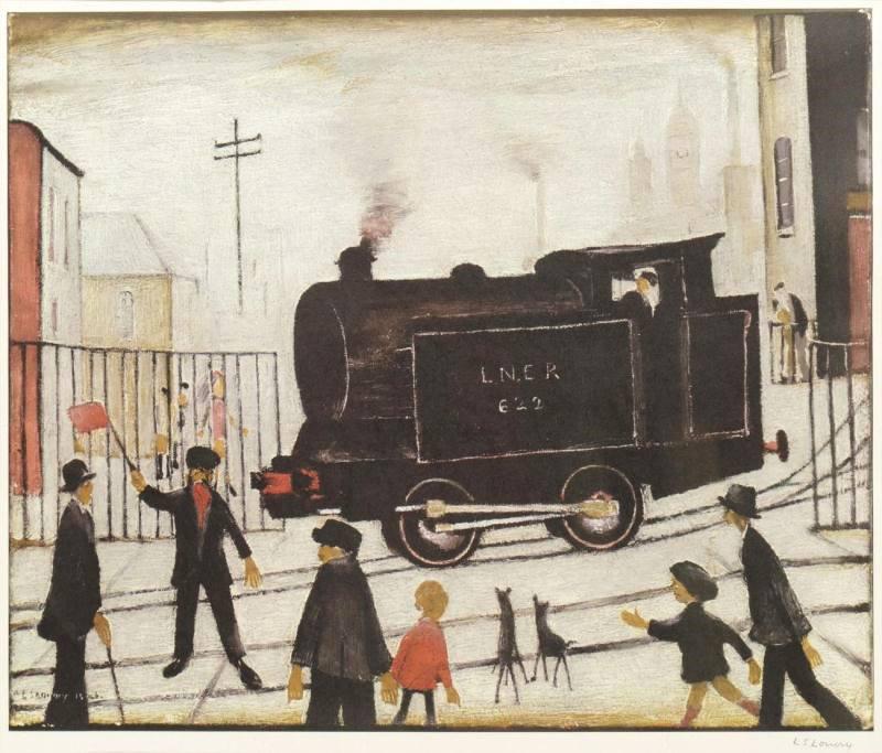 L S Lowry Level Crossing With Train (Signed Print) 1973 | MyArtBroker