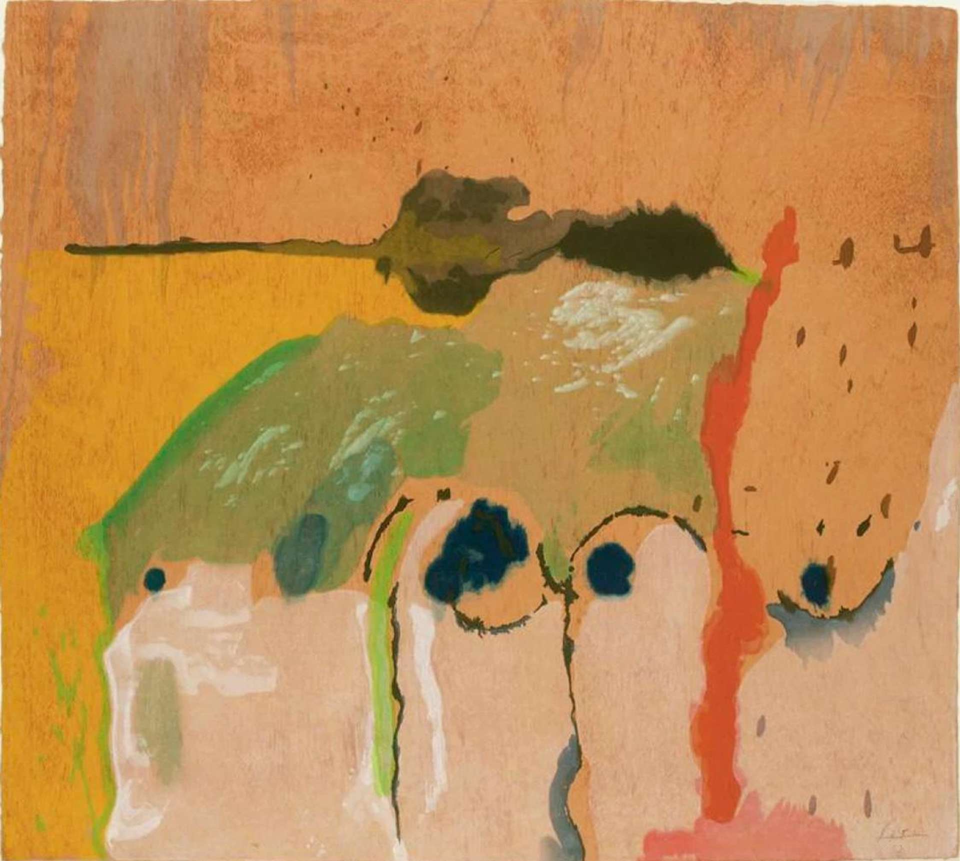 Helen Frankenthaler’s Tales Of Genji I. An abstract expressionist woodcut of an orange background with green, red, and white pigment.