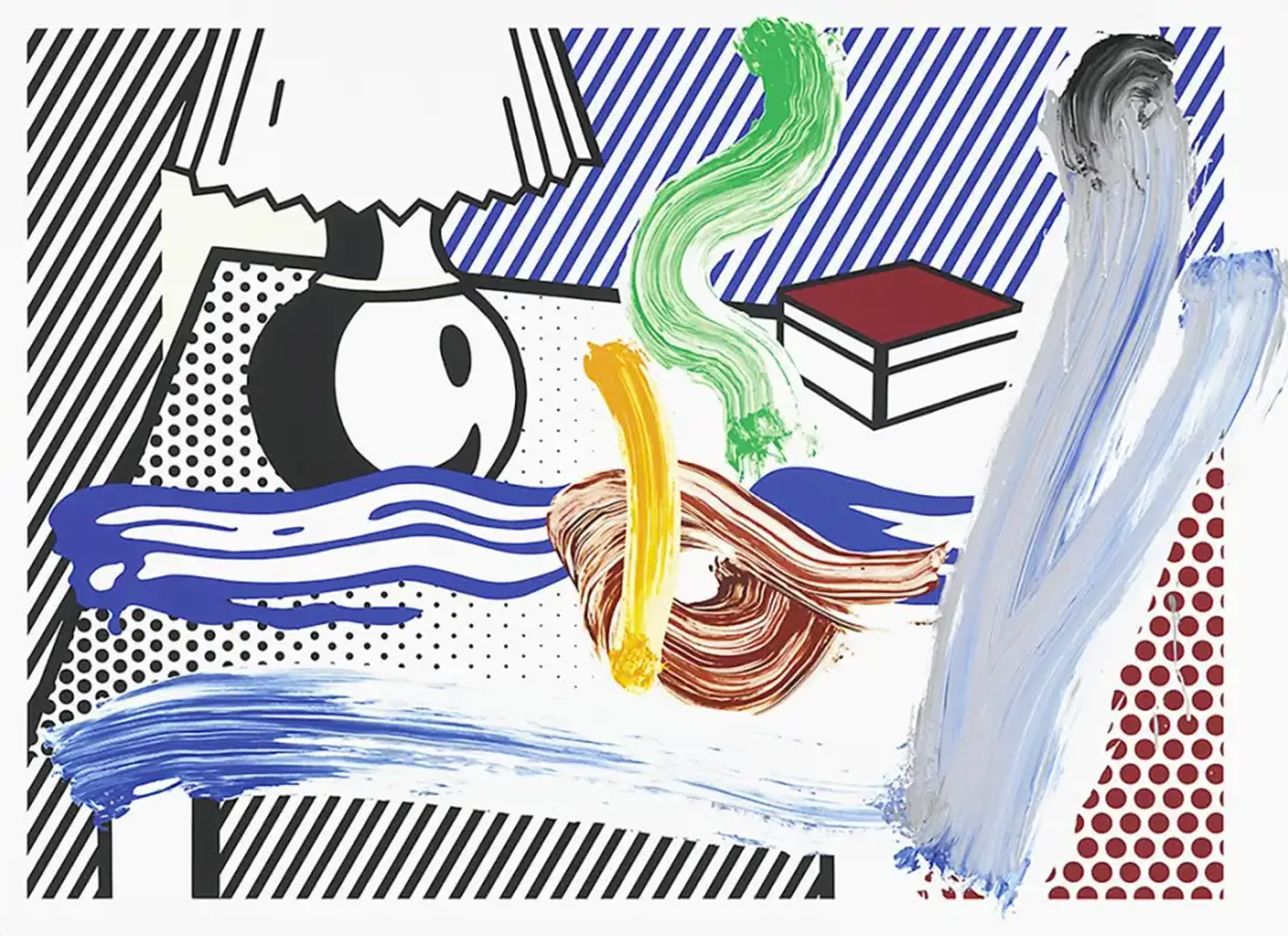 This image by Roy Lichtenstein shows a black and white lamp atop a table, next to a book. Over the composition, a series of brushstrokes are overlaid.