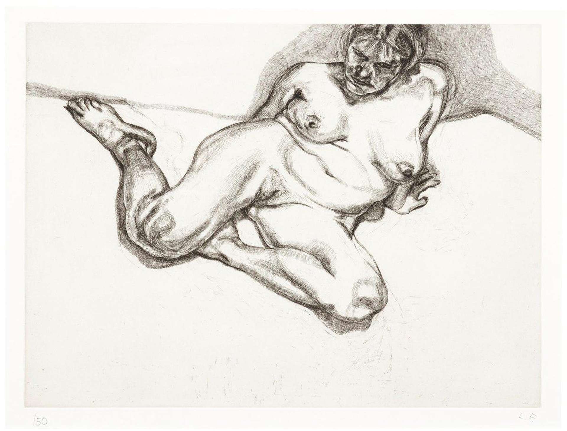 Lucian Freud's Girl Sitting. A drawing of a nude woman who is half propped up against the wall. 