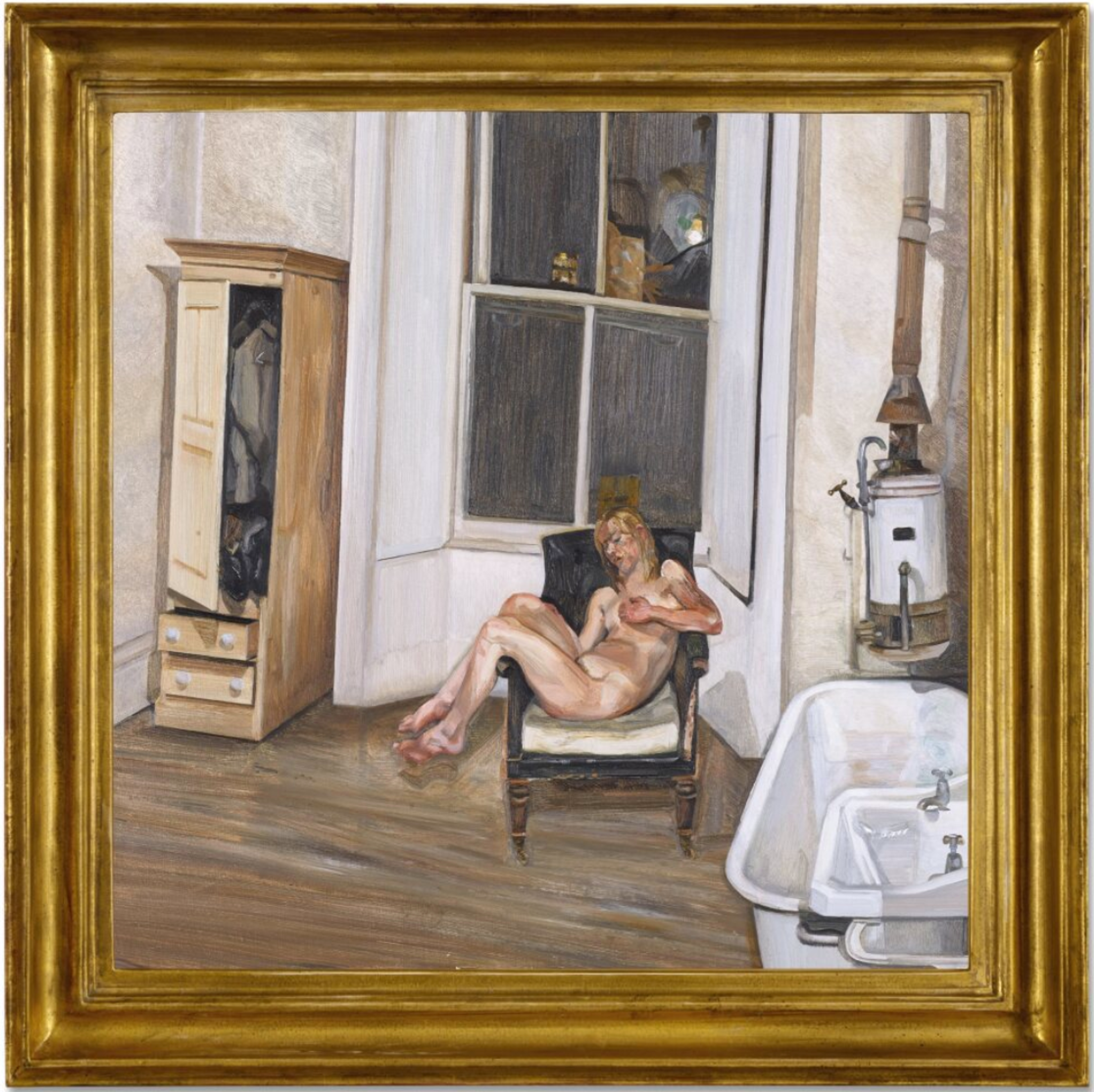 An oil on canvas work by Lucian Freud depicting a nude woman reclining on an armchair.