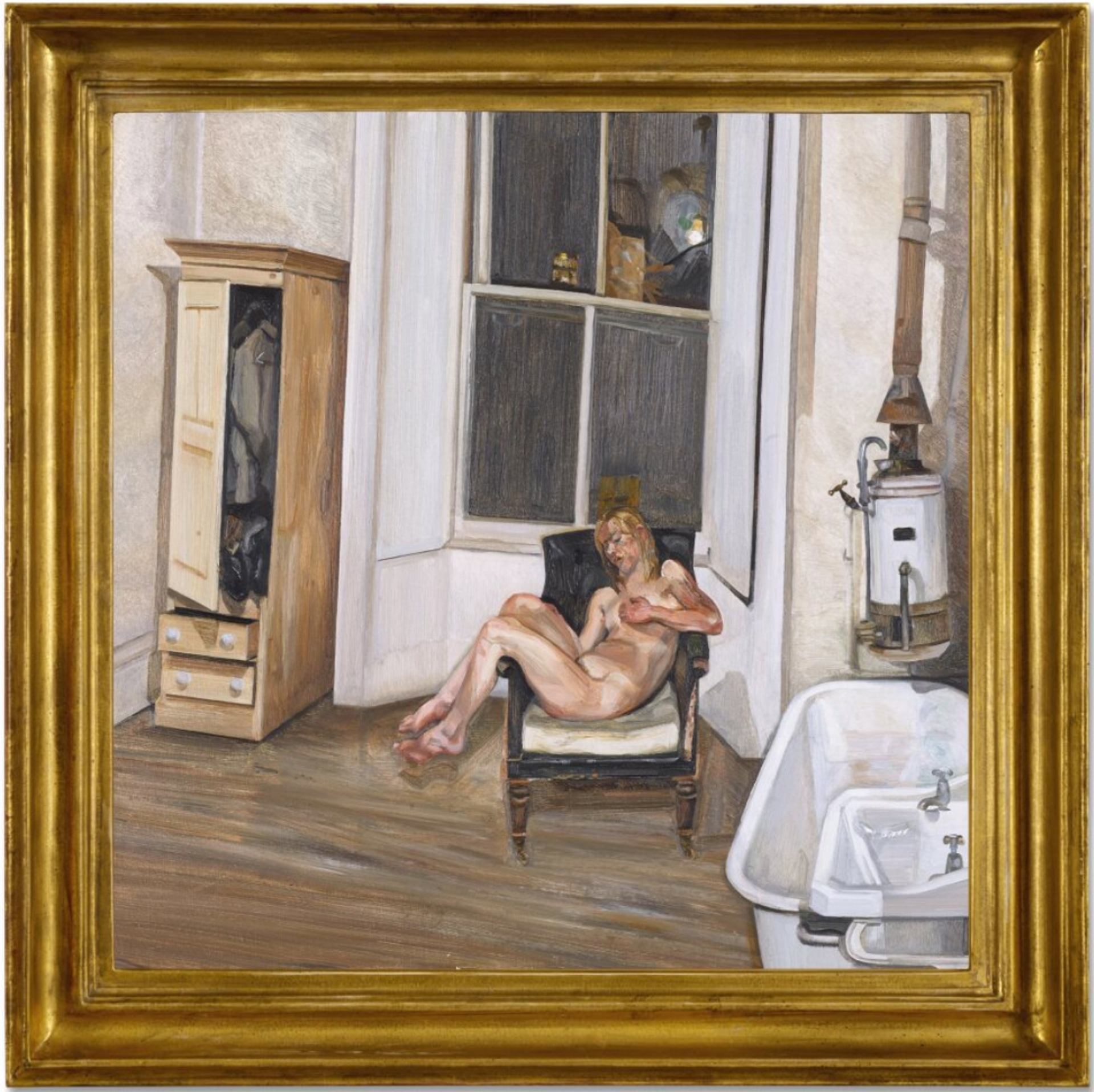 An oil on canvas work by Lucian Freud depicting a nude woman reclining on an armchair.