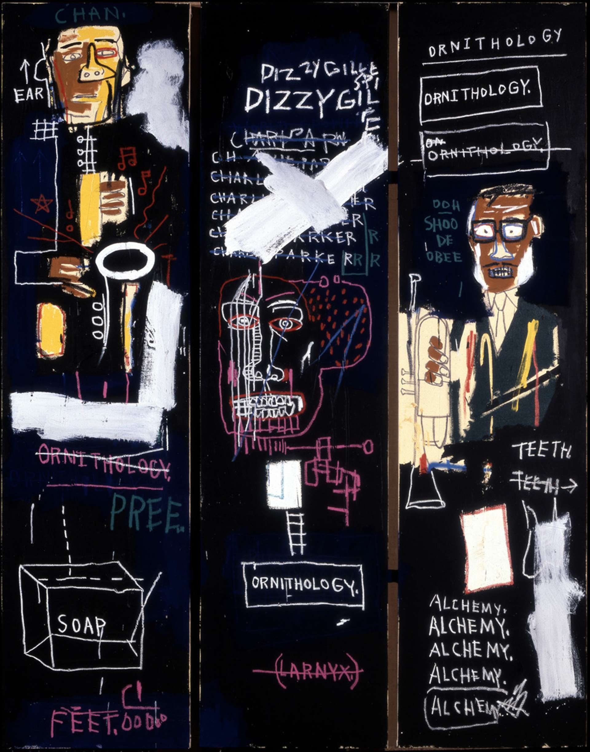 Jean-Michel Basquiat’s Horn Players. A triptych featuring one man holding a saxophone and one man holding a trumpet. In the centre is a pink head figure.