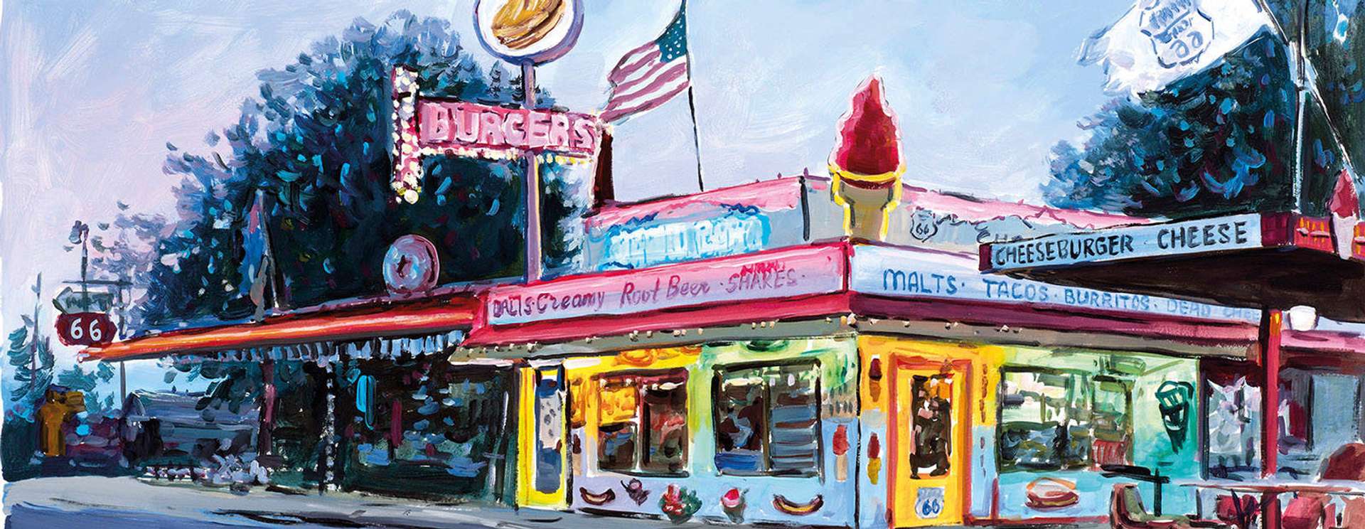 A painting by artist Bob Dylan, depicting an all-American gas station. It also shows a burger joint, advertising cheeseburgers and rootbeer. An American flag si atop the building.