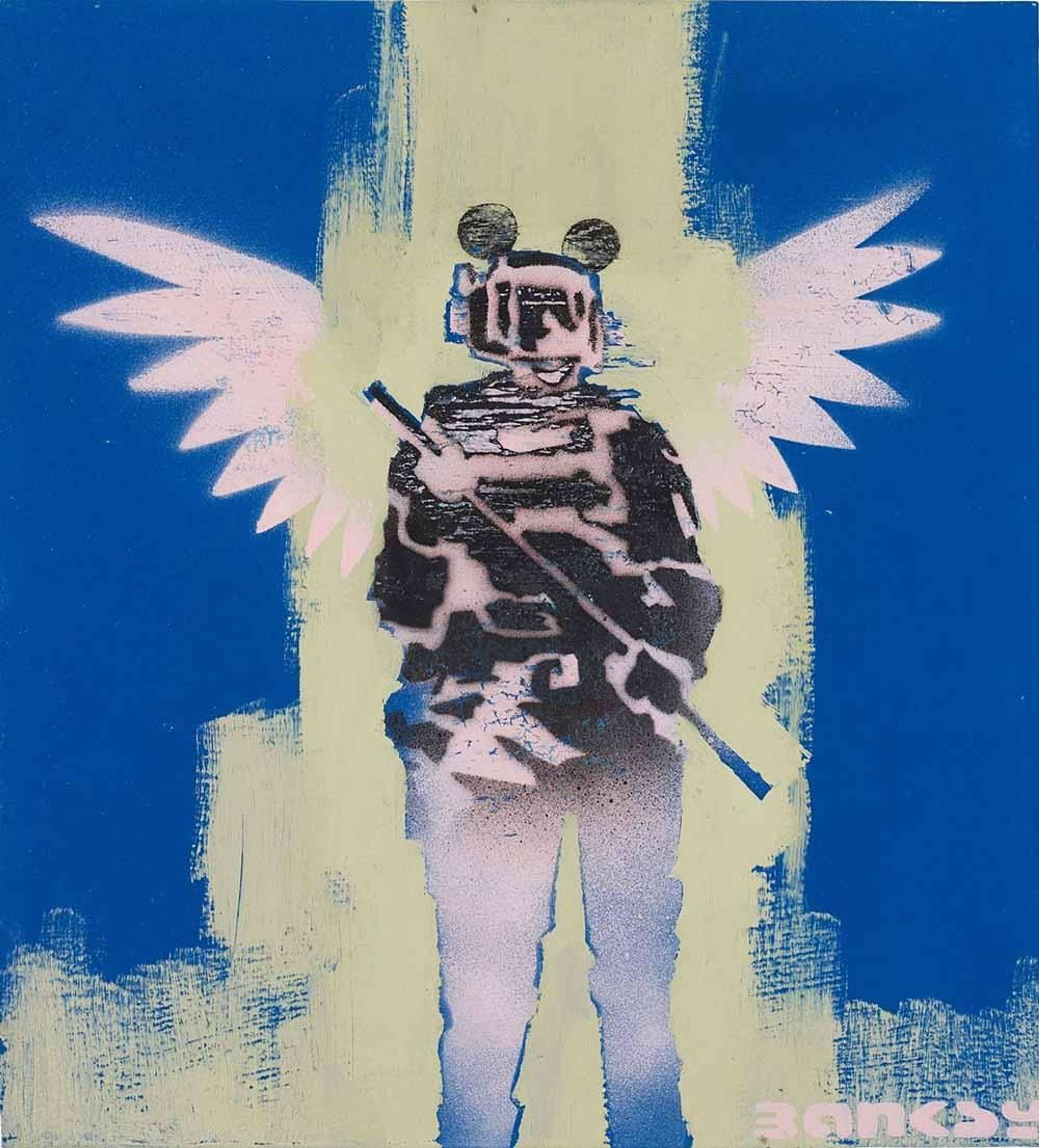 Banksy's Filth. A spray paint work of an armed police officer with Mickey Mouse ears and angel wings behind him.