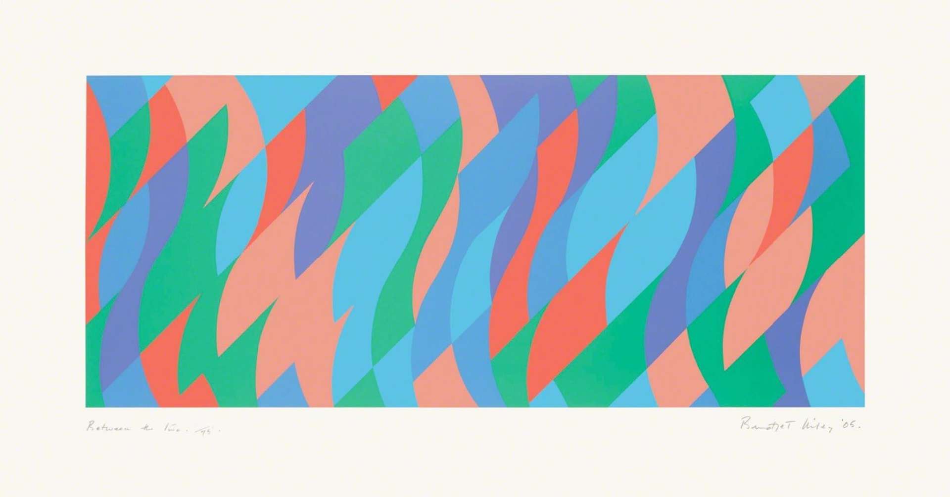 A screeprint by Bridget Riley depicting a pattern of abstract shapes in orange, blue, green, and purple.
