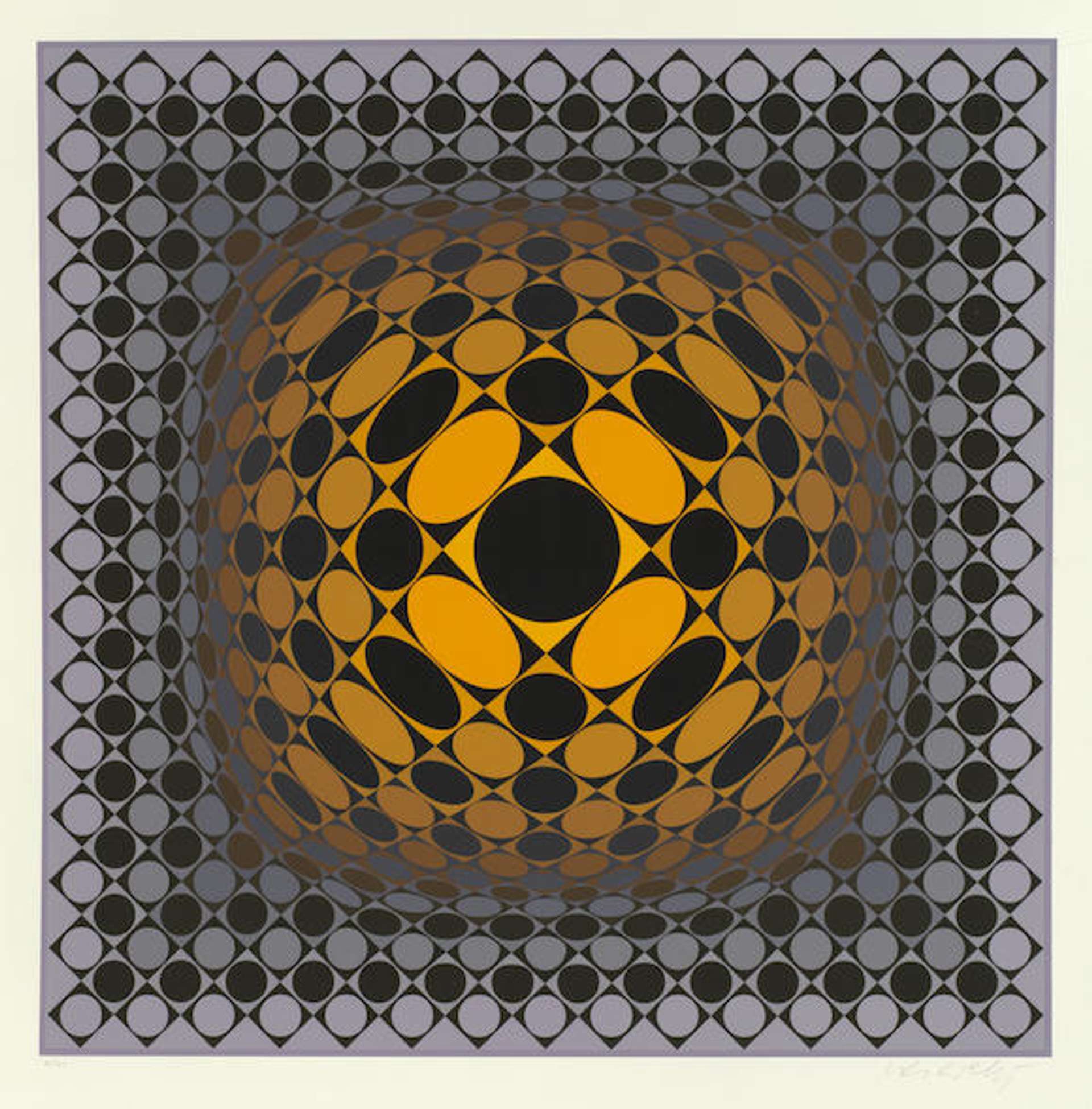 Vega-Sakk by Victor Vasarely (1979). A geometric abstract artwork featuring a combination of colourful squares, ovals and circles, arranged in a three-dimensional appearing grid.