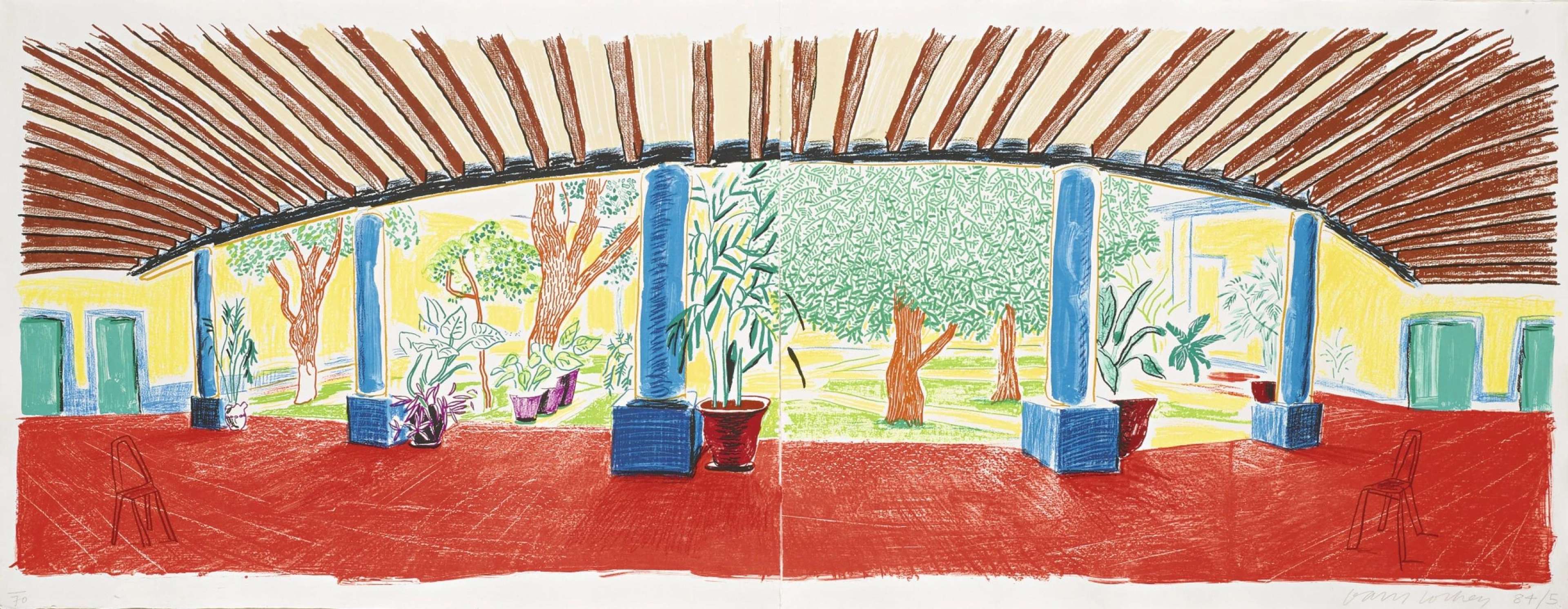 David Hockney's Hotel Acatlán: First Day. A lithographic print of Hotel Acatlán's courtyard from an interior perspective. 