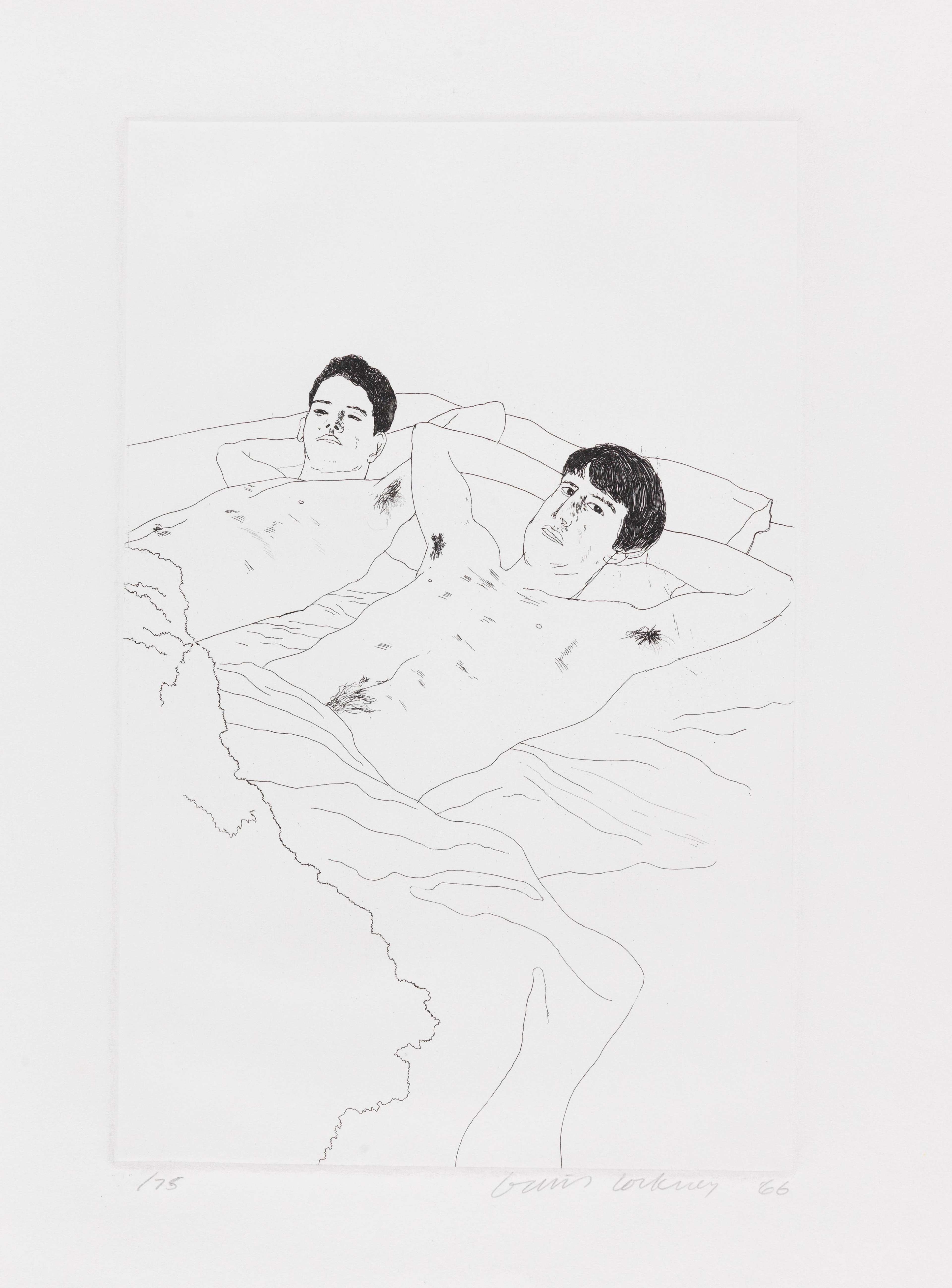 David Hockney’s In Despair. An etching of two nude men lying in bed next to each other, posed with their arms crossed behind their heads.