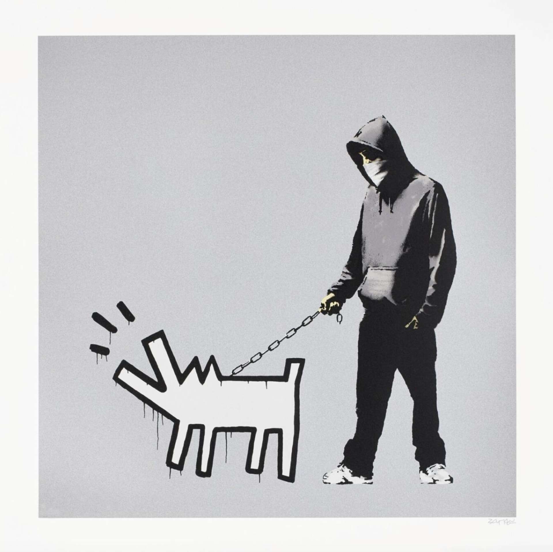 A young man wearing denim and an oversized hooded sweatshirt, with a bandana covering his face and his hood pulled up, stands in a wide stance. He has one hand in his pocket and holds a cartoon barking dog on a chain leash. The artwork is set against a silver background.