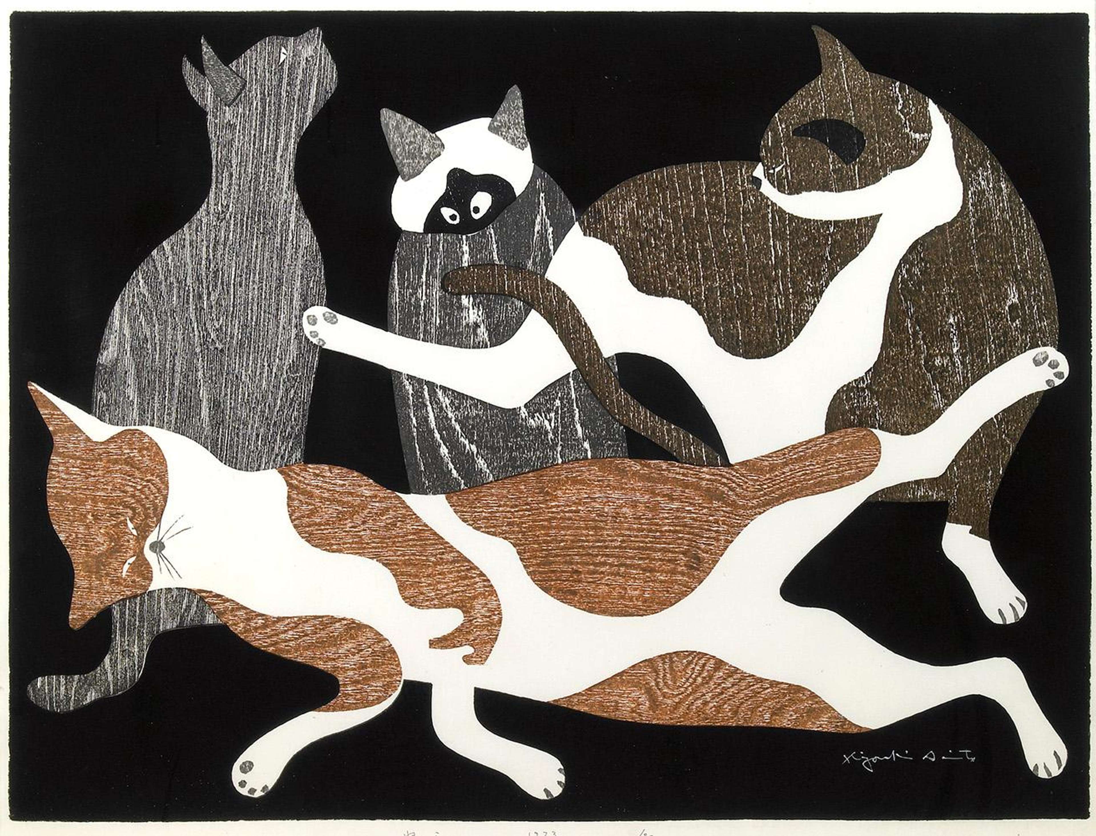 Cats (Neko) - Signed Print by Saito Kiyoshi 1973 - MyArtBroker