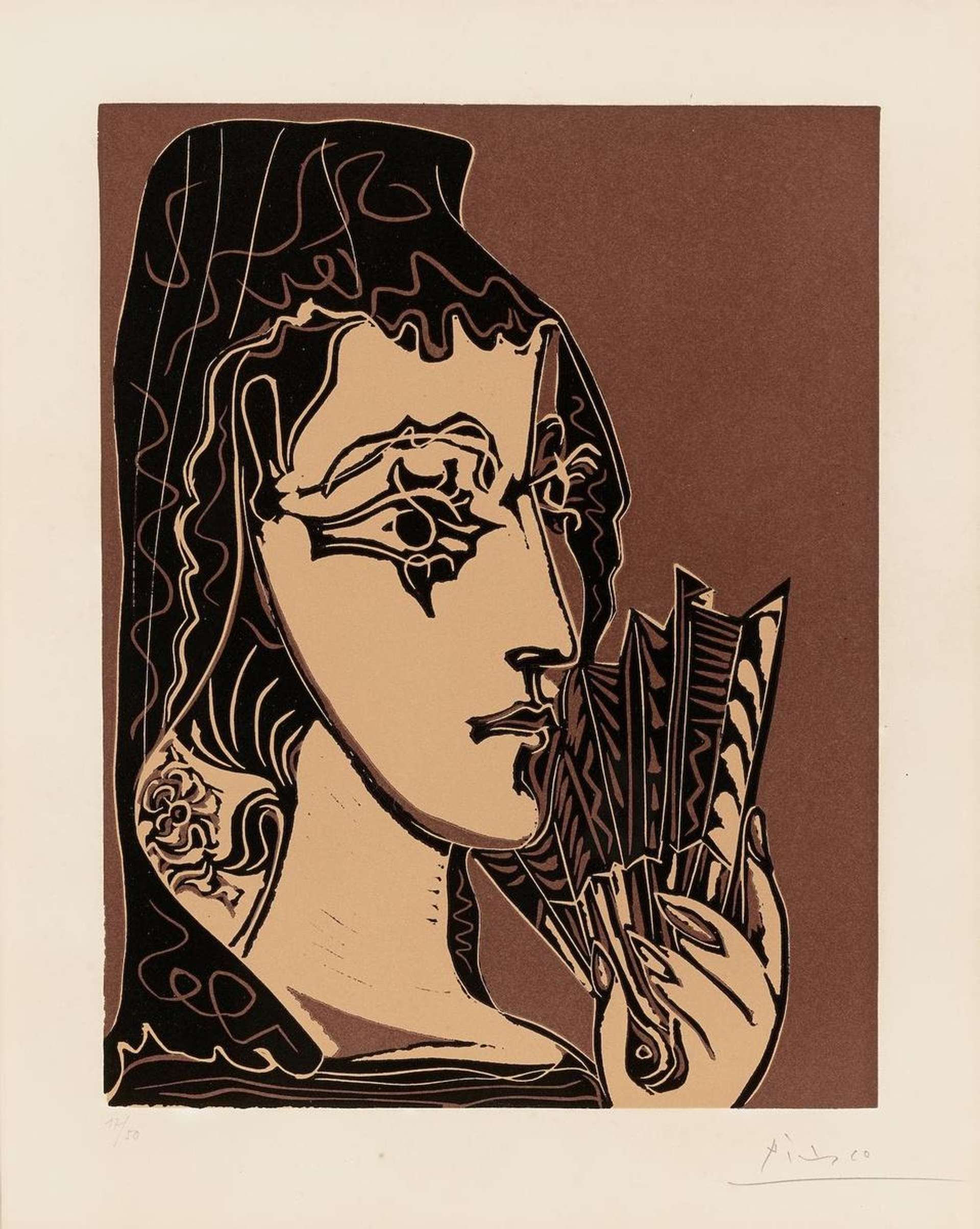 A stylised portrait of one of Picassos's muses, done in graphic lines and a muted warm colour palette. She is shown holding a fan.