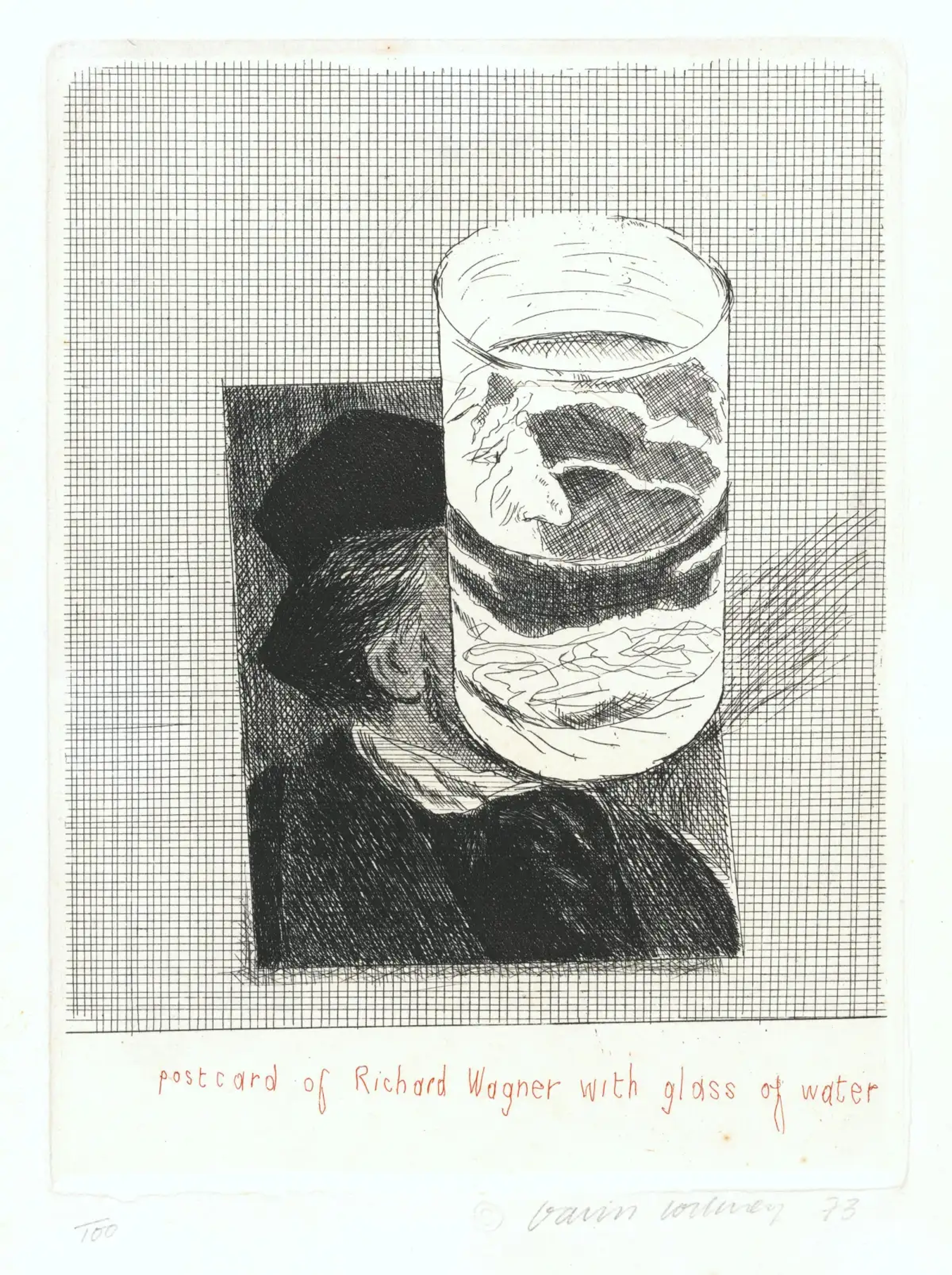 This etching distorts the profile of the German composer on a postcard, which is covered by a glass of water. 