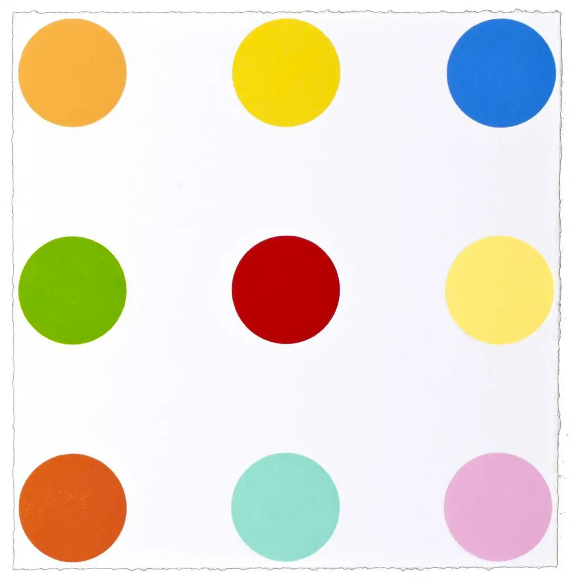 This print shows three rows of three spots, identical in size and shape, in varying colours.