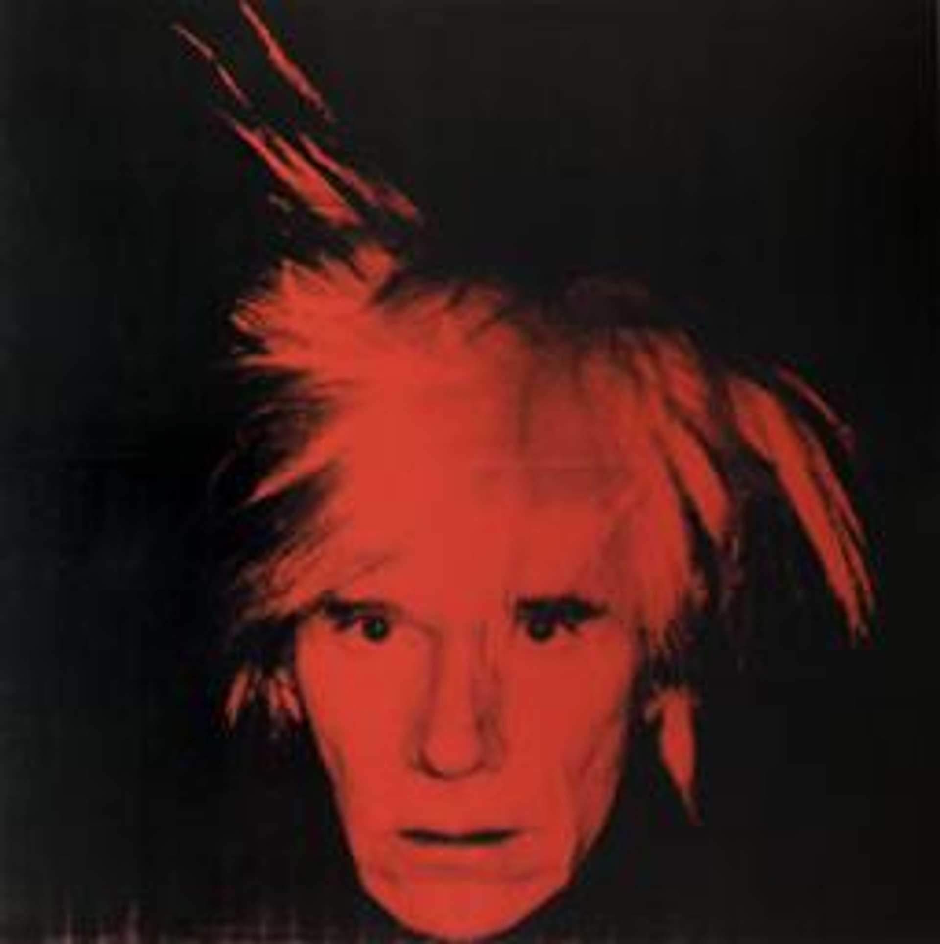 A close-up screenprinted image of Andy Warhol's face, gazing directly at the camera, overlaid in red on a black canvas.