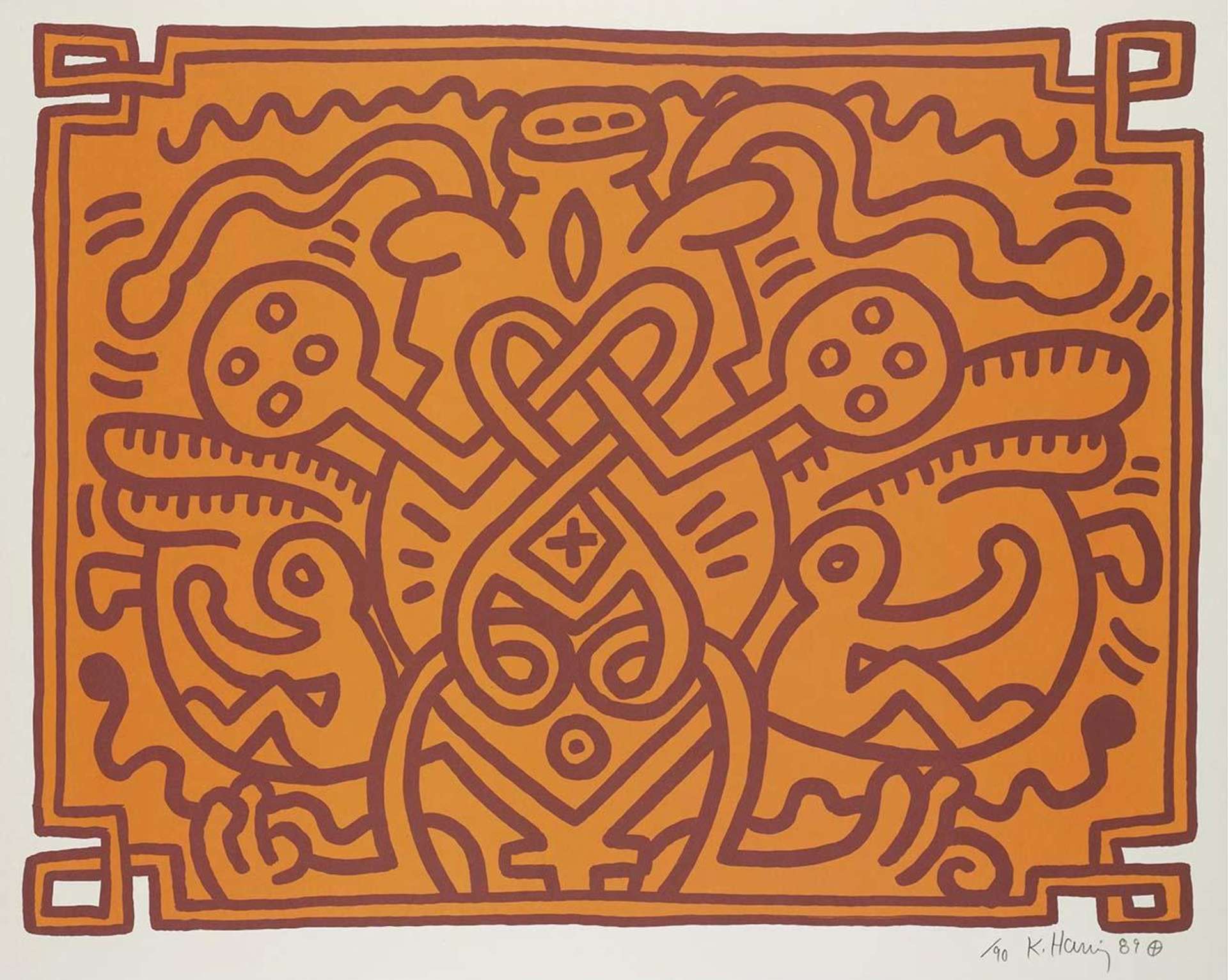 Keith Haring’s Chocolate Buddha 4. A Pop Art lithograph of aboriginal inspired, brown figures against an orange background.