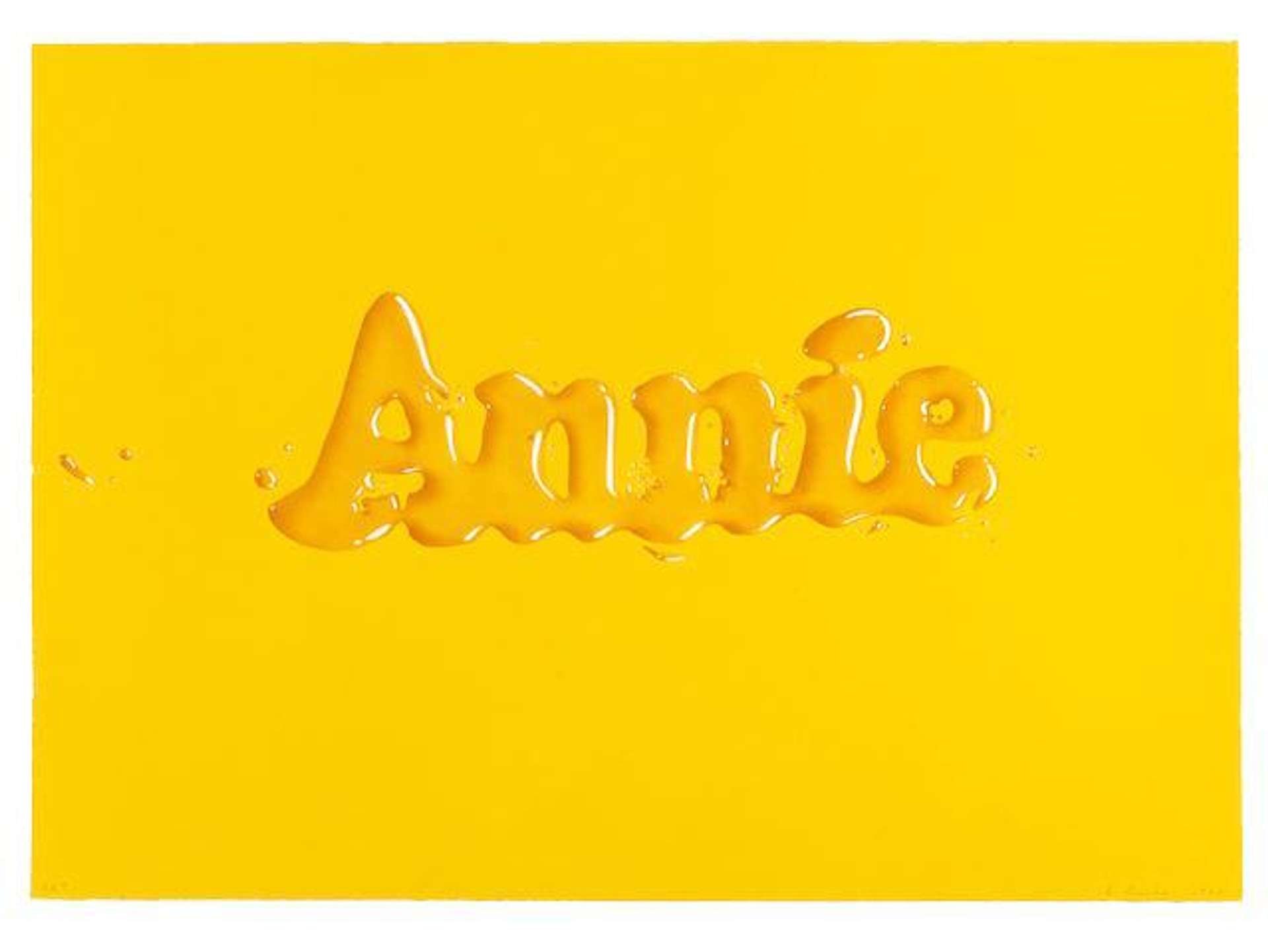 Painting by Ed Ruscha of the name 'Annie' in bold lettering. The letters resemble glossy poured maple syrup and are set against a bold yellow background.