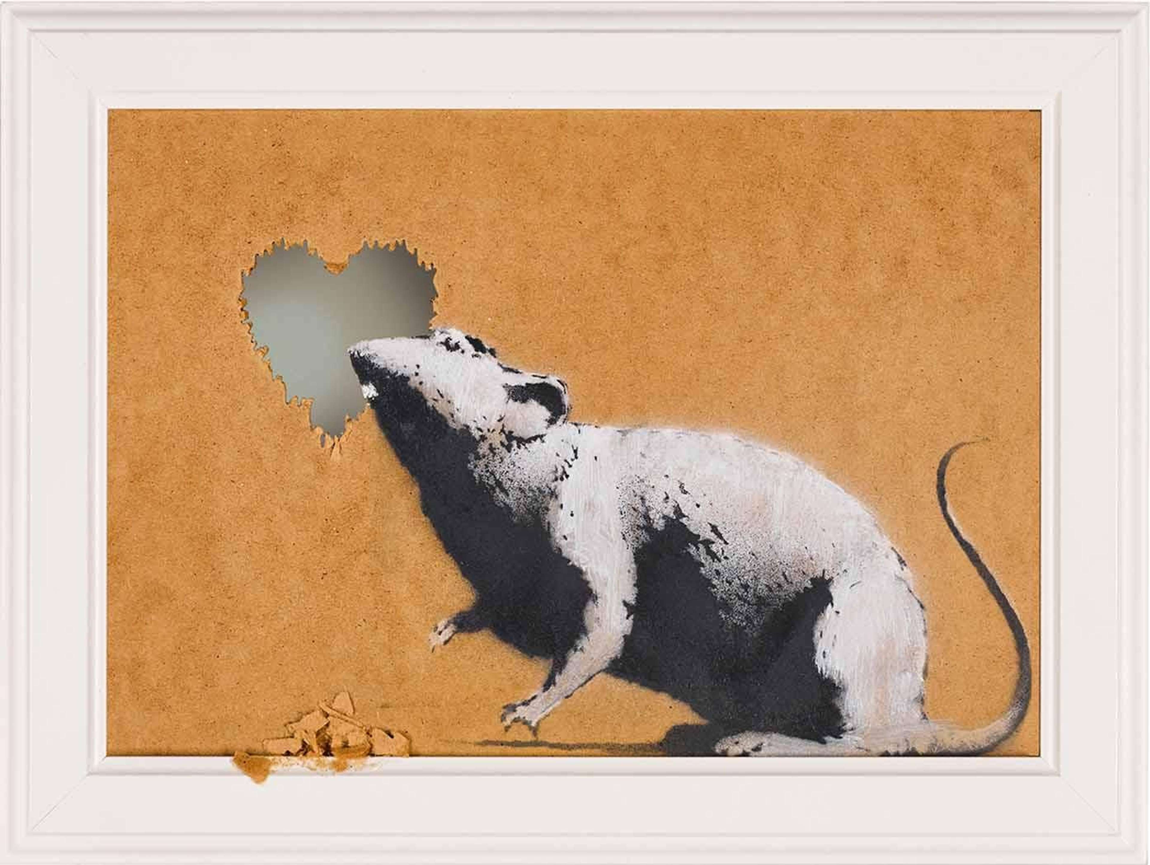 Banksy’s Rat & Heart. A mixed media work of a rat next to a chewed out shape of a heart. 