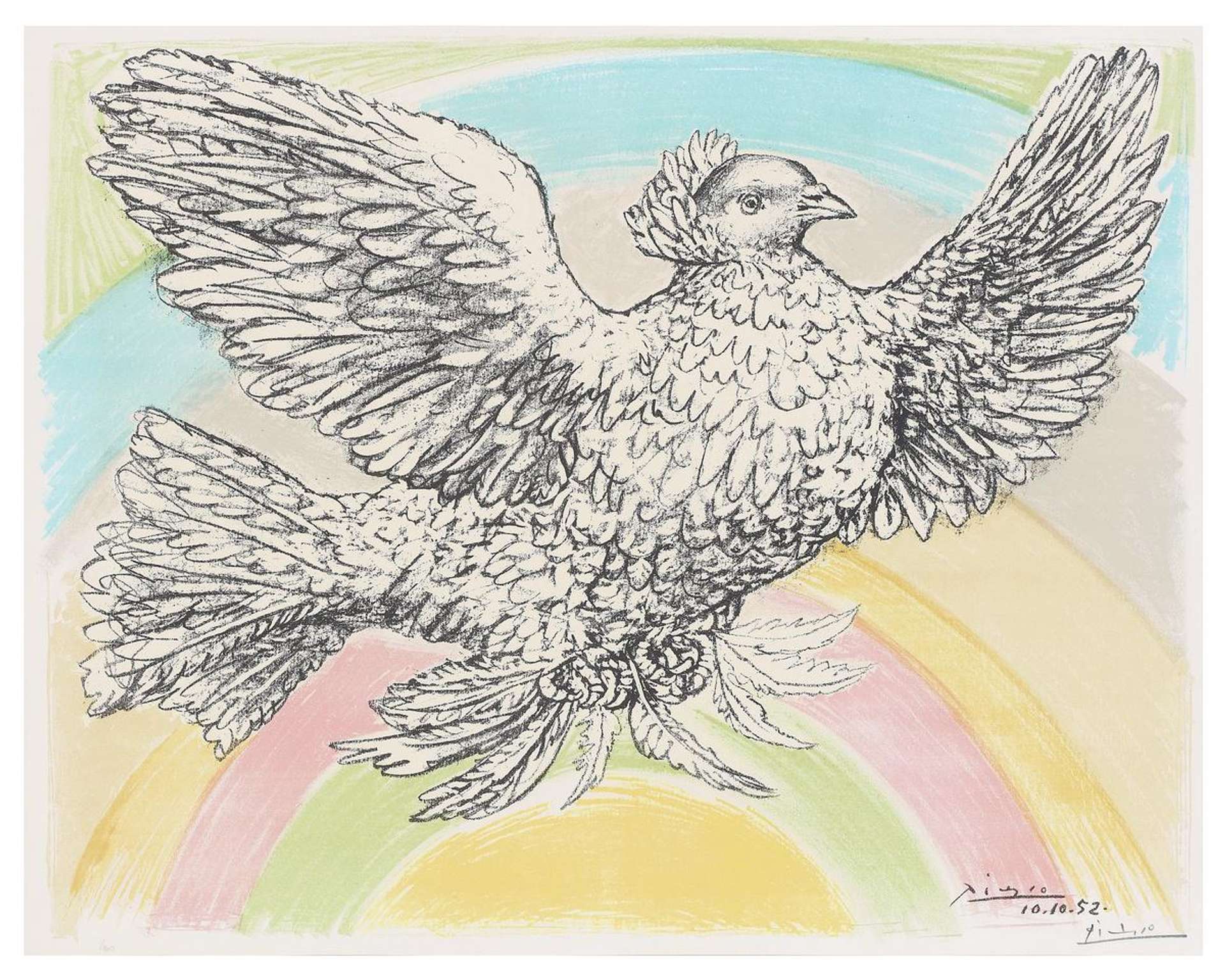 This print by Picasso shows a large white dove against a rainbow background and a blue sky.