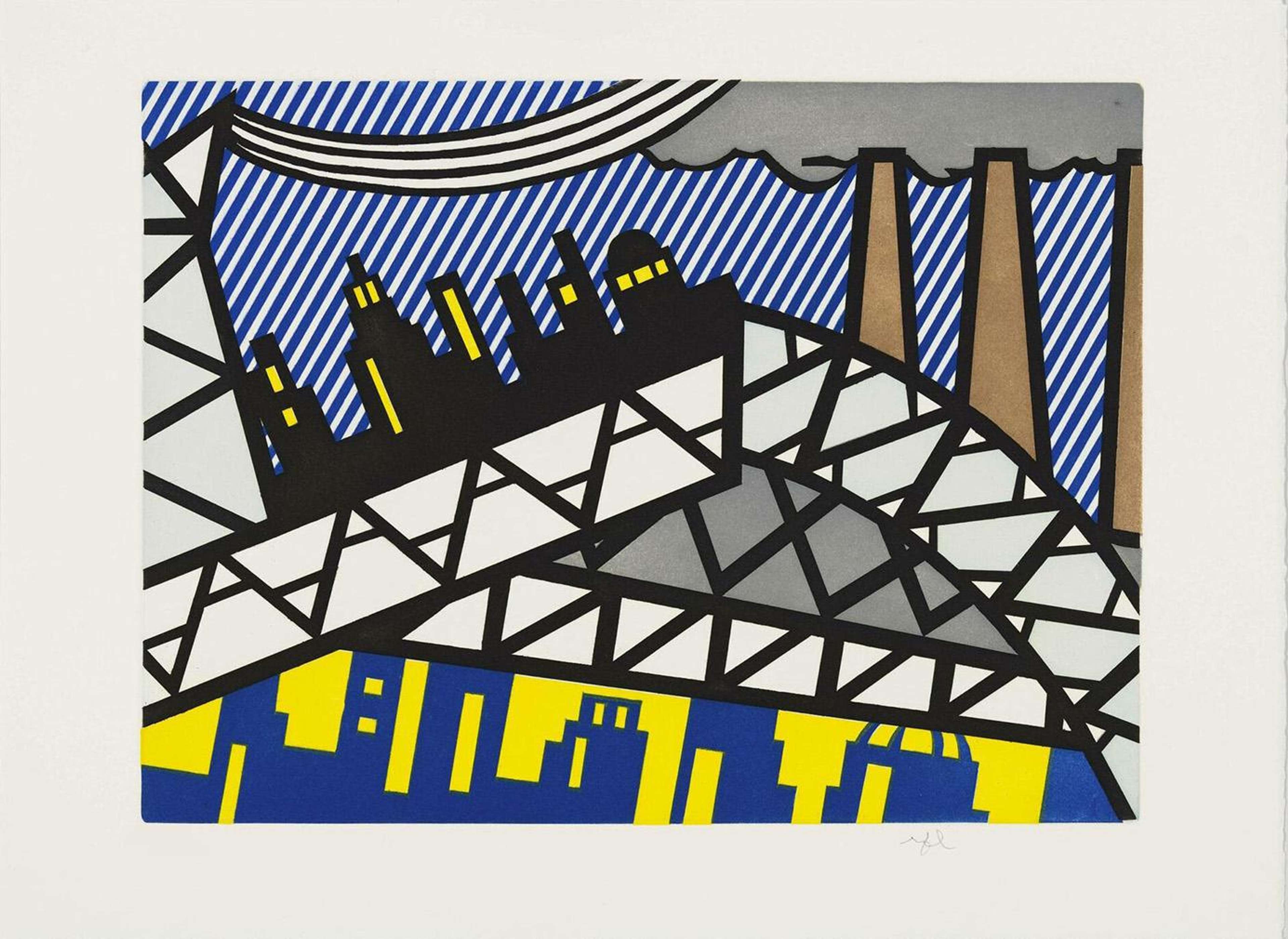 A signed intaglio print by Roy Lichtenstein, titled Illustration For Bayonne En Entrant Dans NYC, depicting a stylised city skyline with roads and buildings in bold black outlines, blue and yellow accents, signed in the lower right corner.