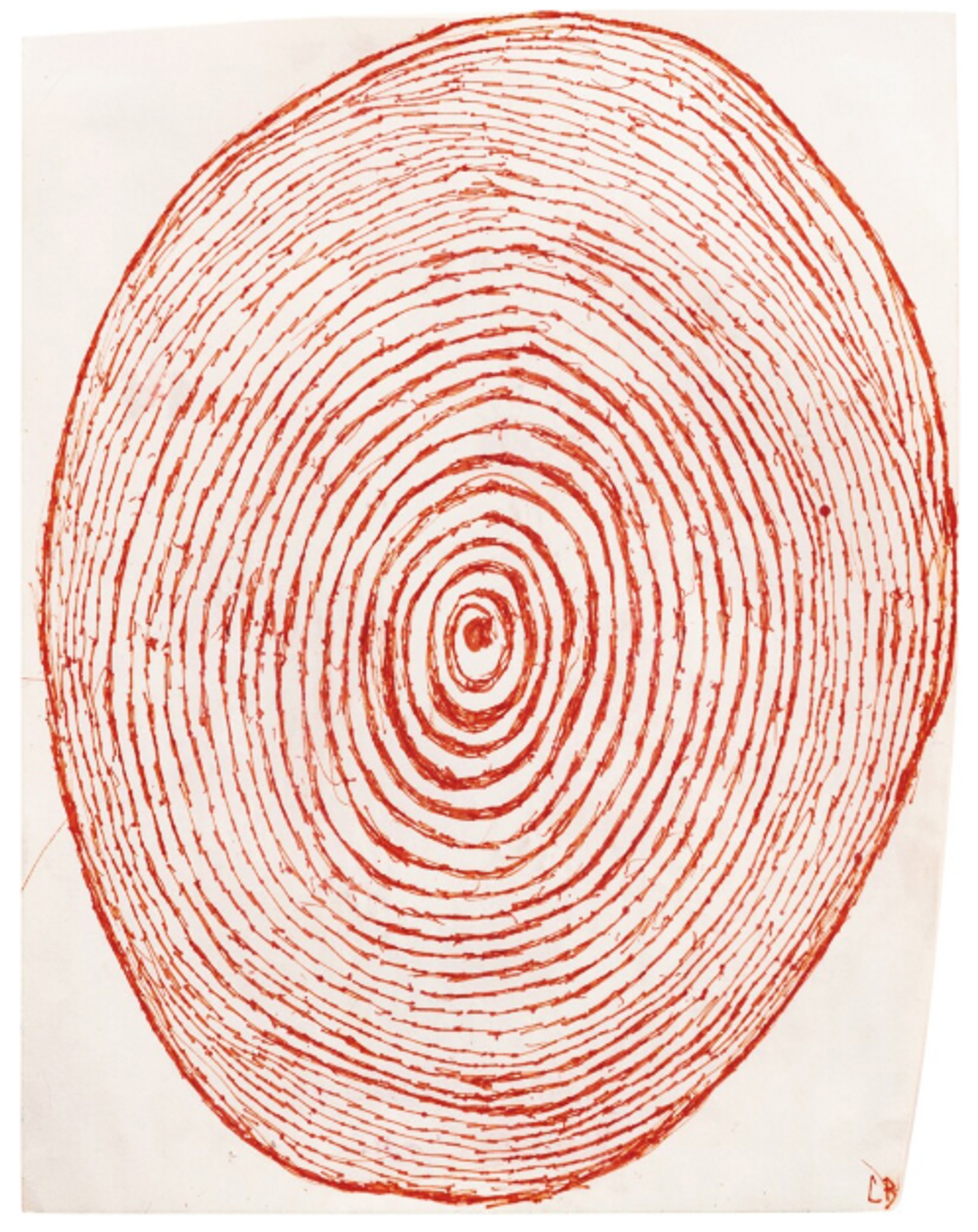 A red ink fingerprint pressed onto a print, showcasing detailed ridges and whorls. The artist's signature initial 'LB' is subtly written in the lower left corner.