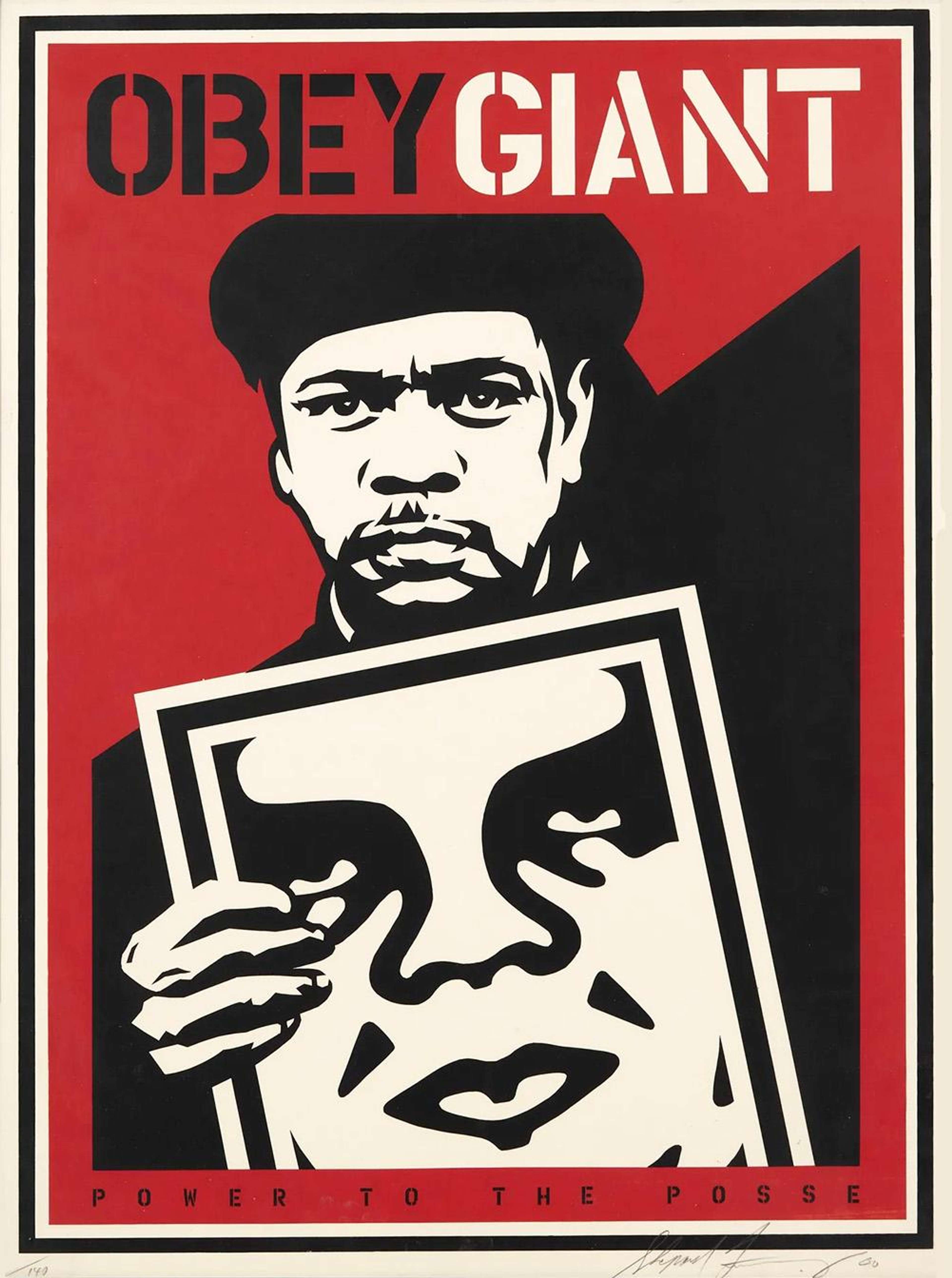 A figure holding a poster with an abstract black and white face printed on. The words "OBEY GIANT" feature as a title to the piece.