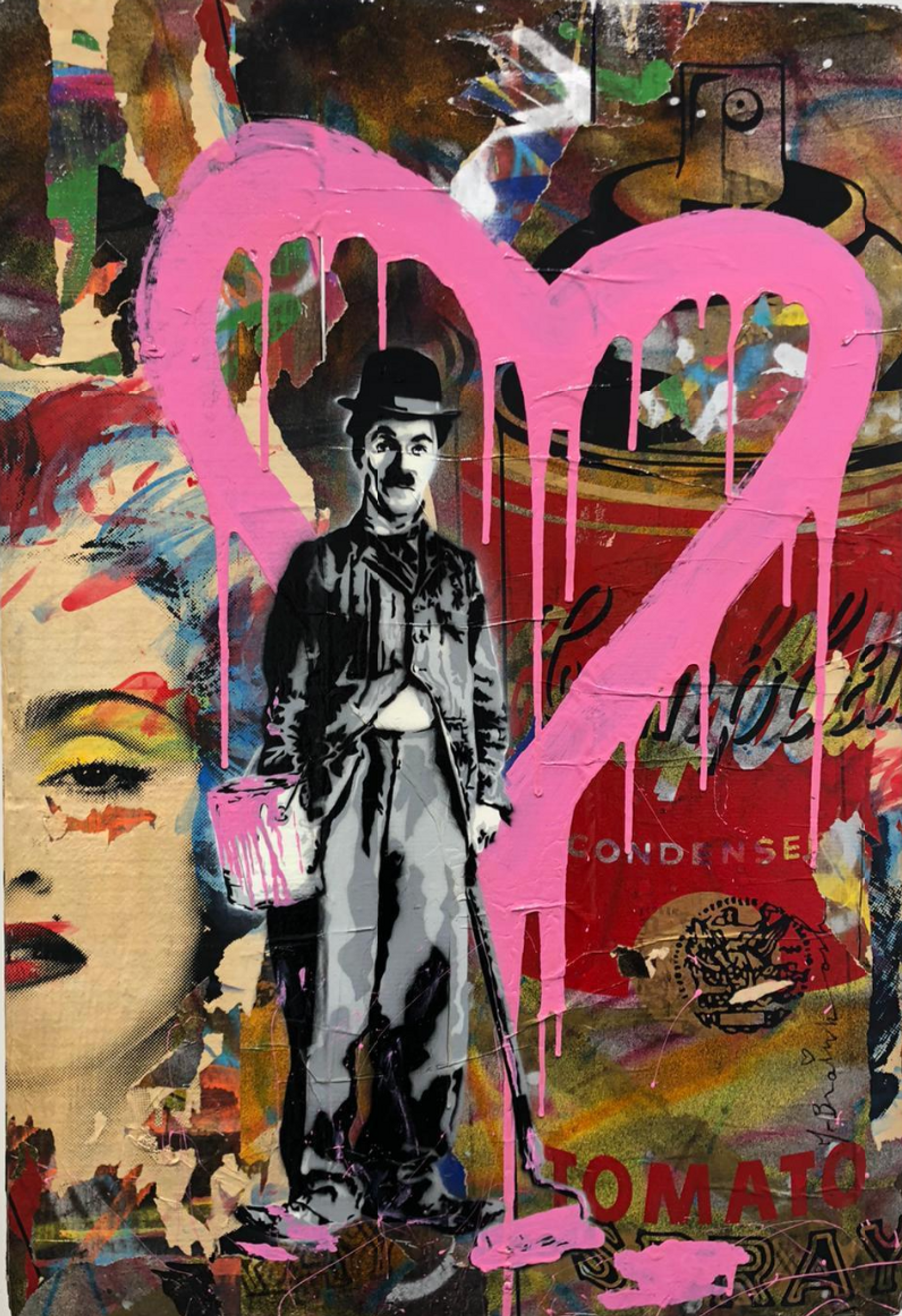 Greyscale image of Charlie Chaplin in a suit and top hat on a multicoloured background that has a pop-art image of Madonna, a Campbell's soup spray can and a dripping pink heart