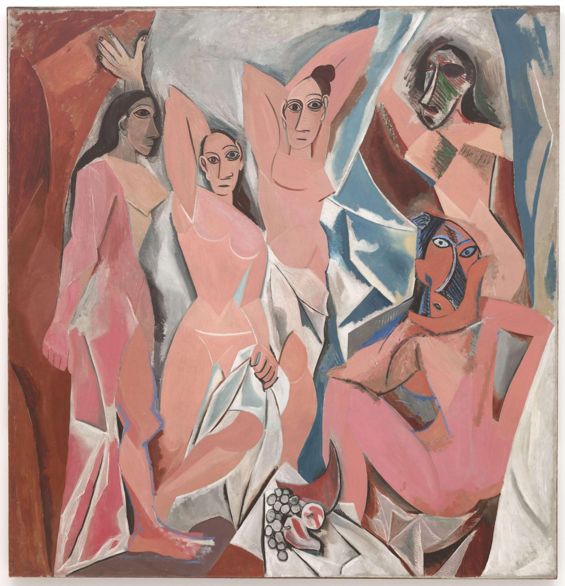 Cubist composition of five women painted in hues of pink facing the viewer with backgrounds of muted red and blue