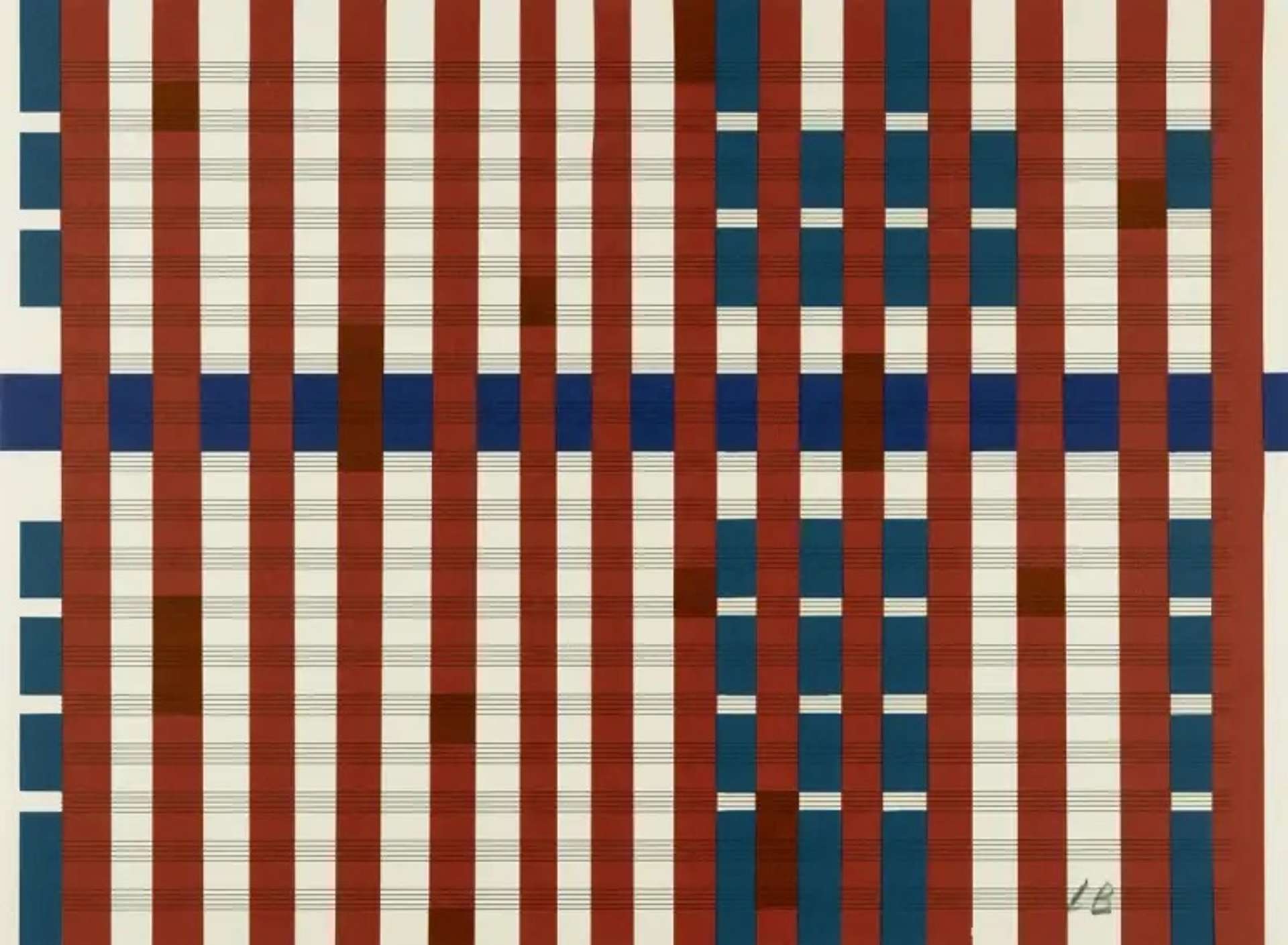 Louise Bourgeois’ Untitled #18. A screenprint of red and blue lines and rectangles against a pattern of horizontal lines