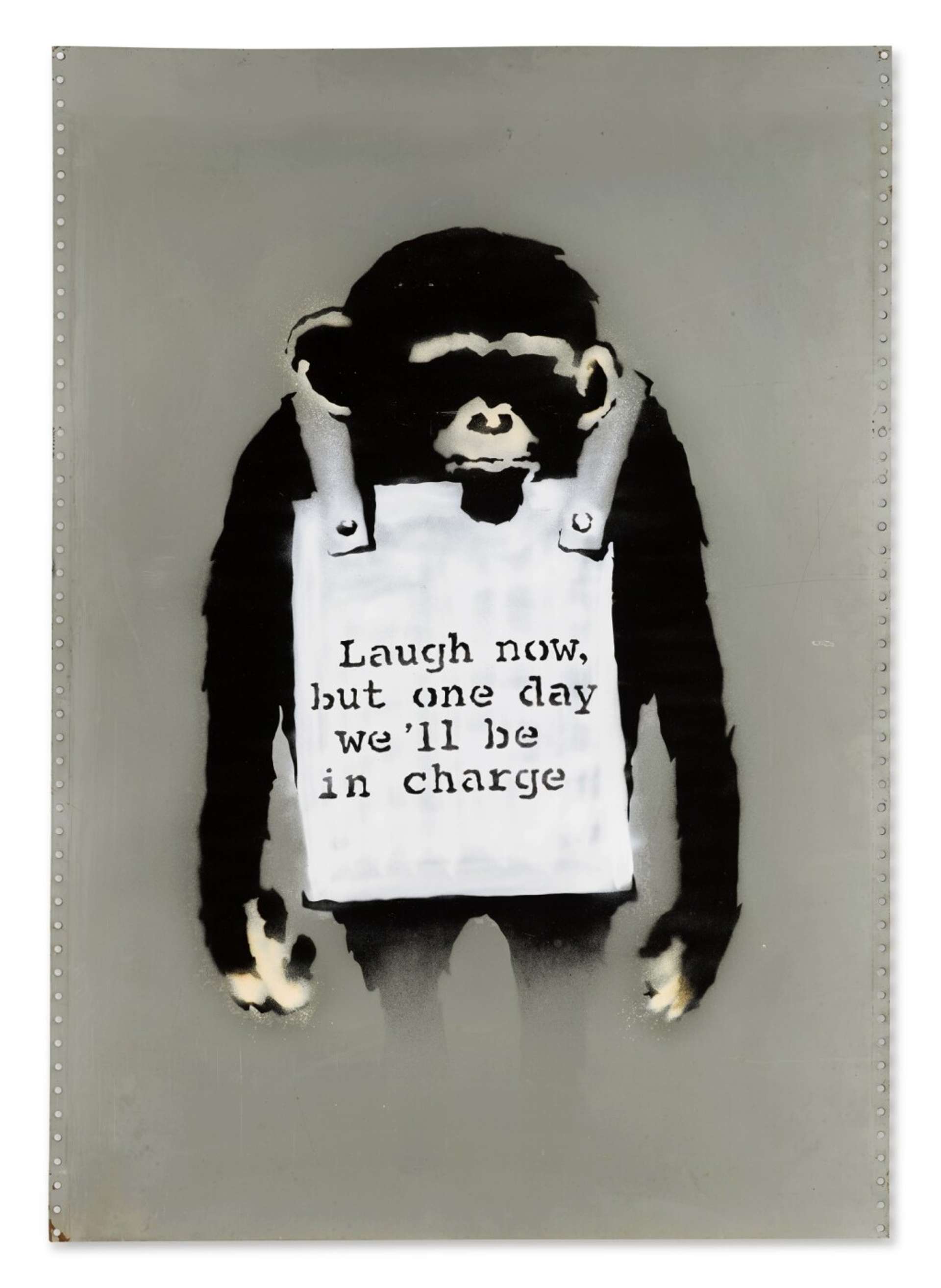 Laugh Now (spray paint on metal) by Banksy