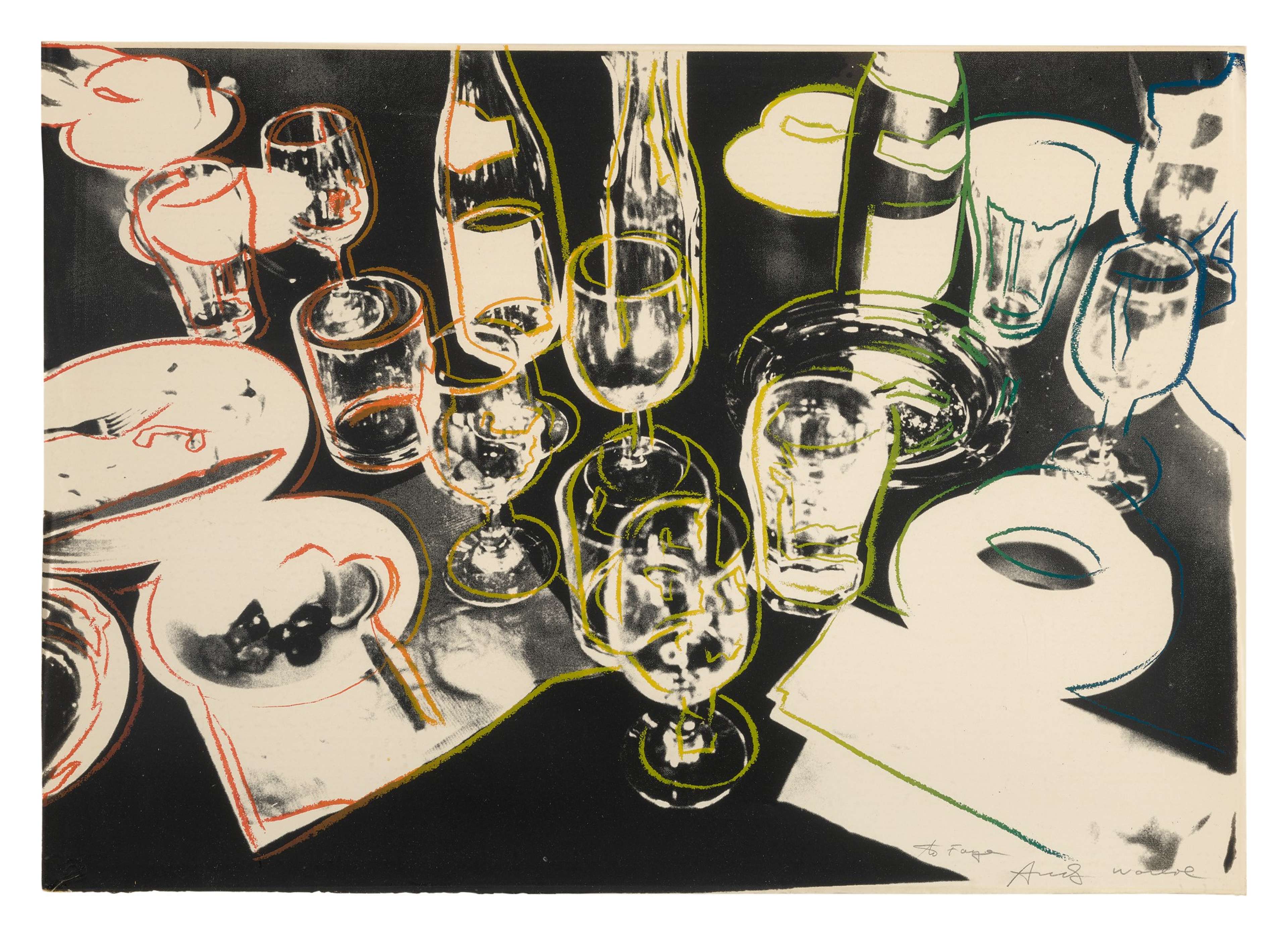 A screenprint by Andy Warhol, titled “After The Party (F. & S. II.183)”, depicting empty glasses, bottles and ashtrays on a table. The composition is black and white with red, yellow and blue outlines.