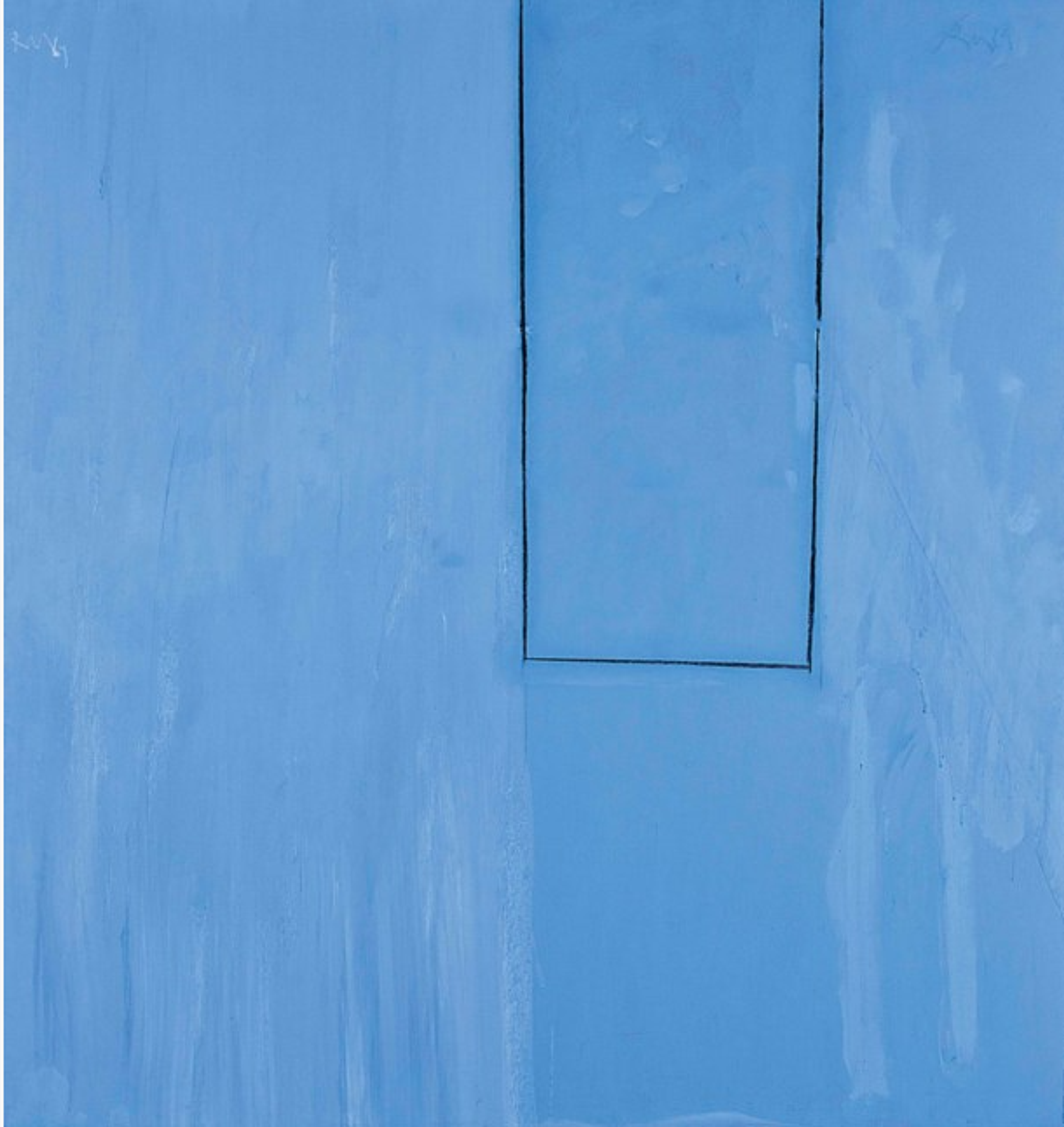 Minimalist painting in light blue with a simple rectangular outline near the top-centre, featuring subtle textural brushwork throughout.