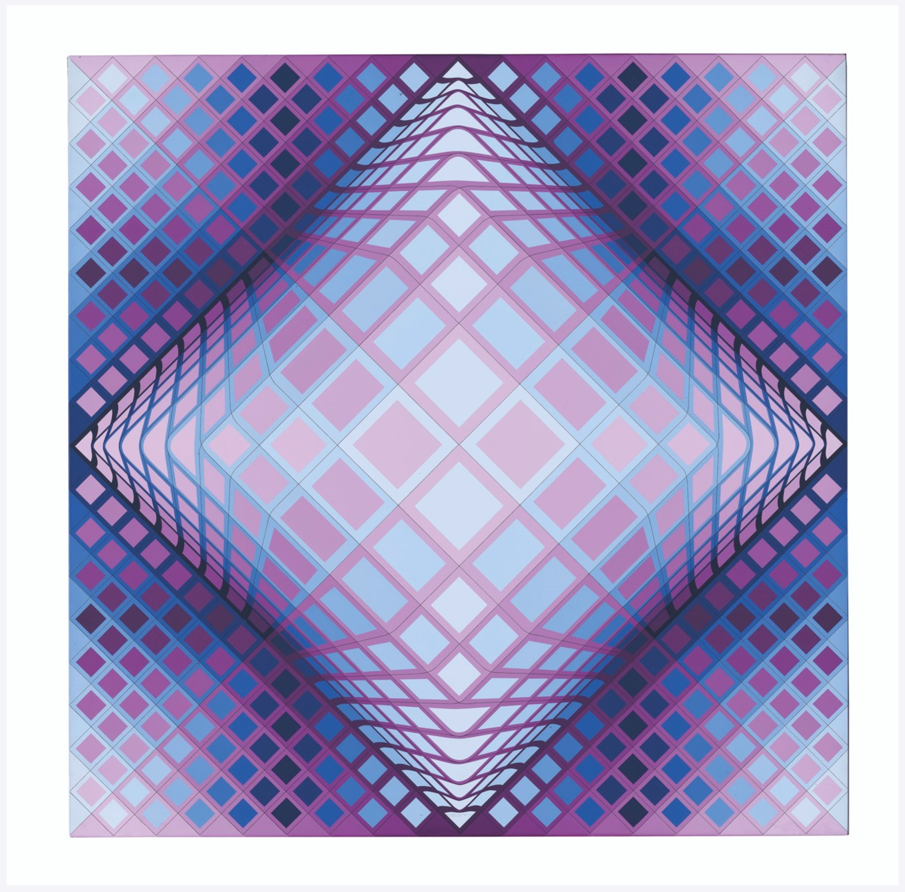 a square optical illusion artwork composed of diamond shapes in varying hiues of purple and blue that forms a large diamond in the centre.
