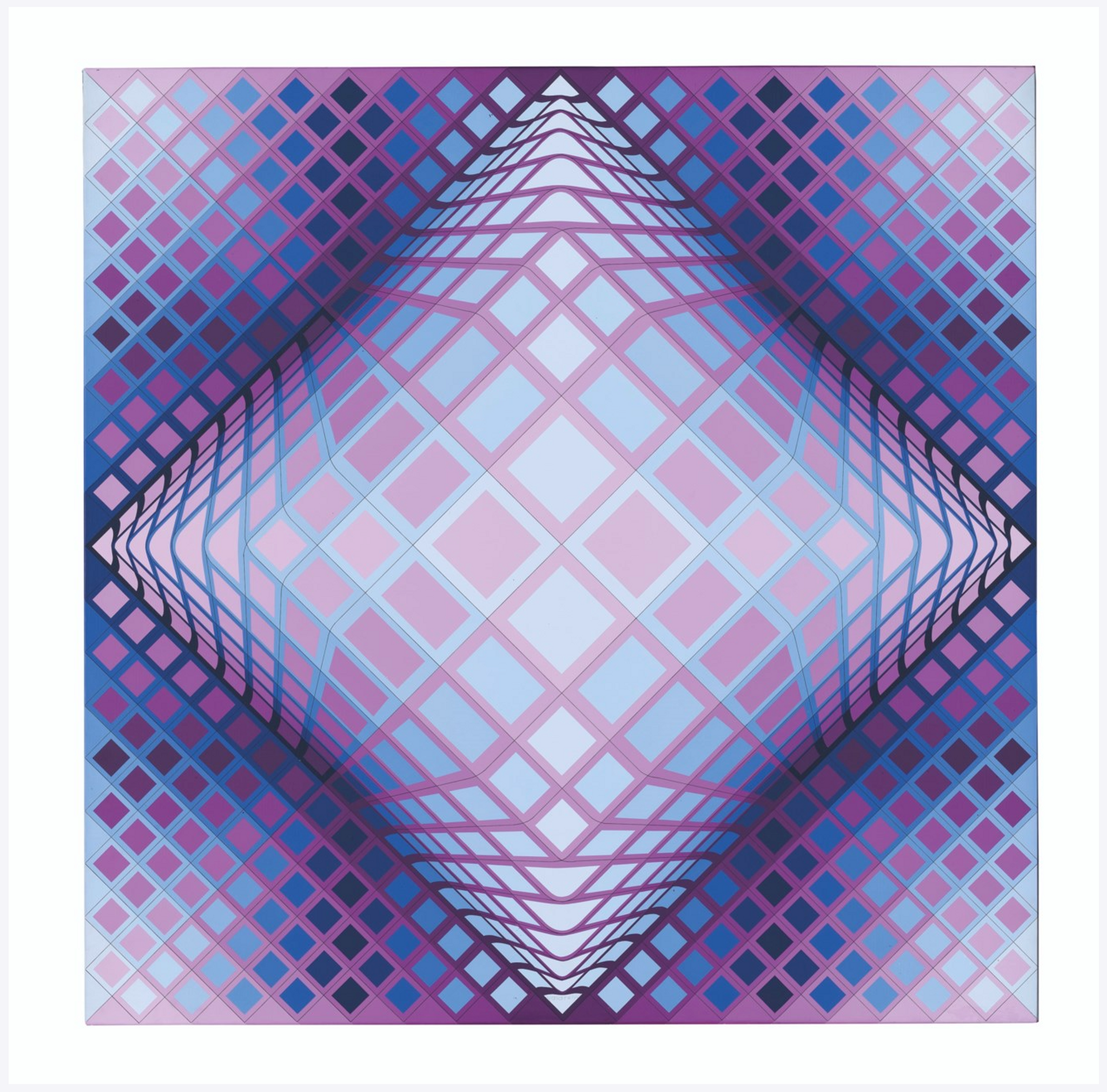 a square optical illusion artwork composed of diamond shapes in varying hiues of purple and blue that forms a large diamond in the centre.