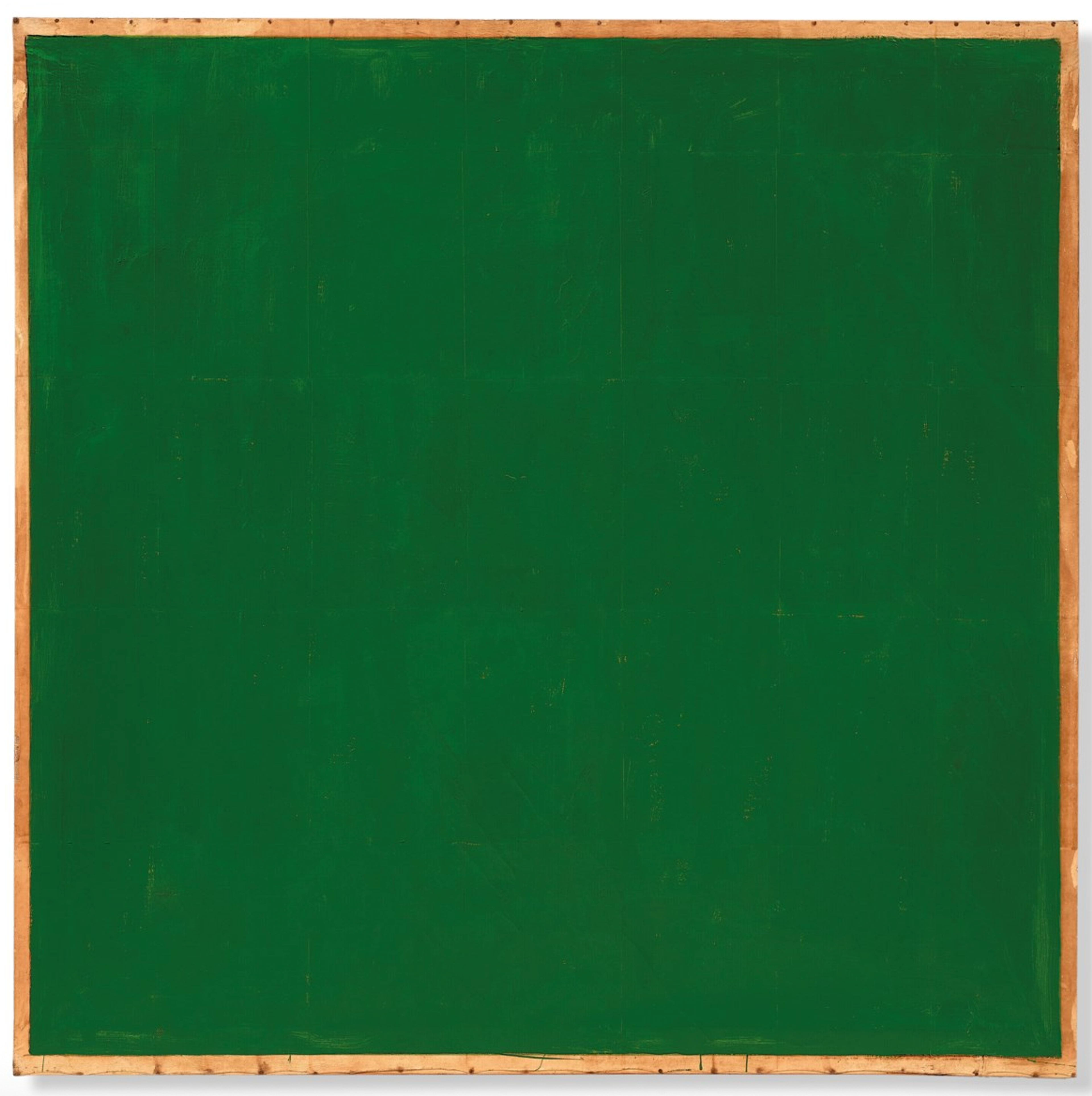 A square canvas painted in a rich, glossy green, with visible brushstrokes and an uneven, organic surface texture.
