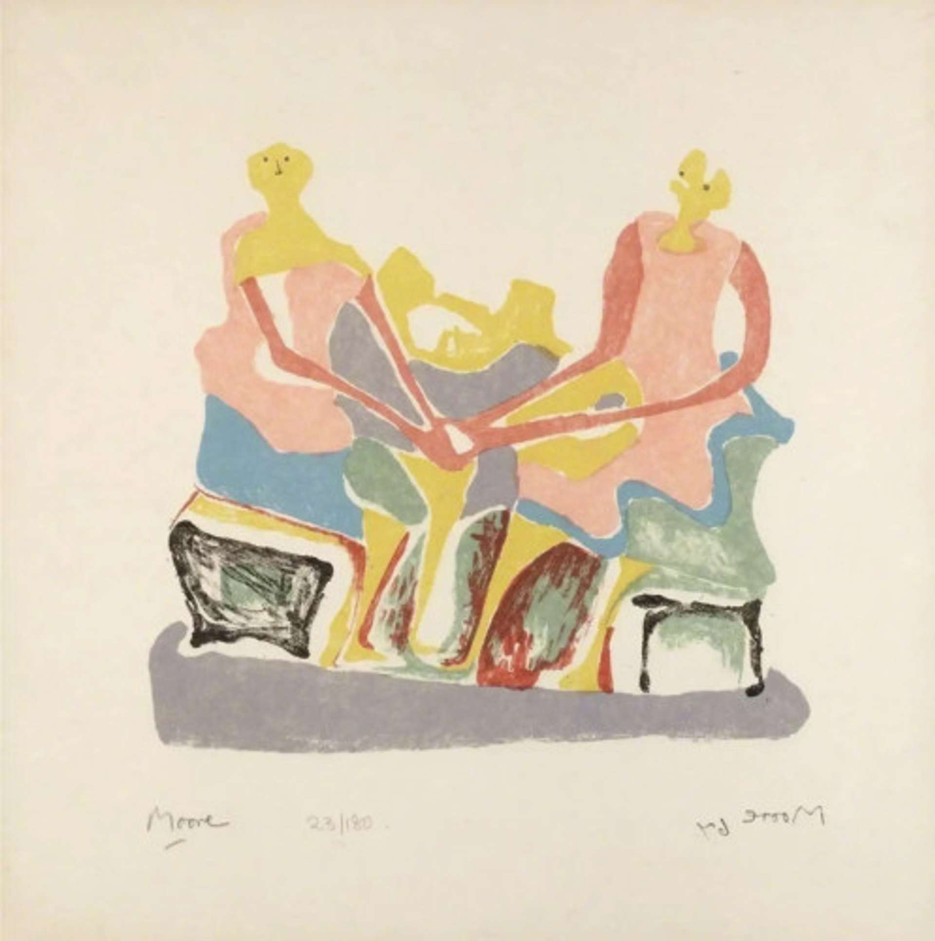 A watercolor painting of two abstracted women in pastel colors seated facing each other, with hints of smaller figures in their laps.